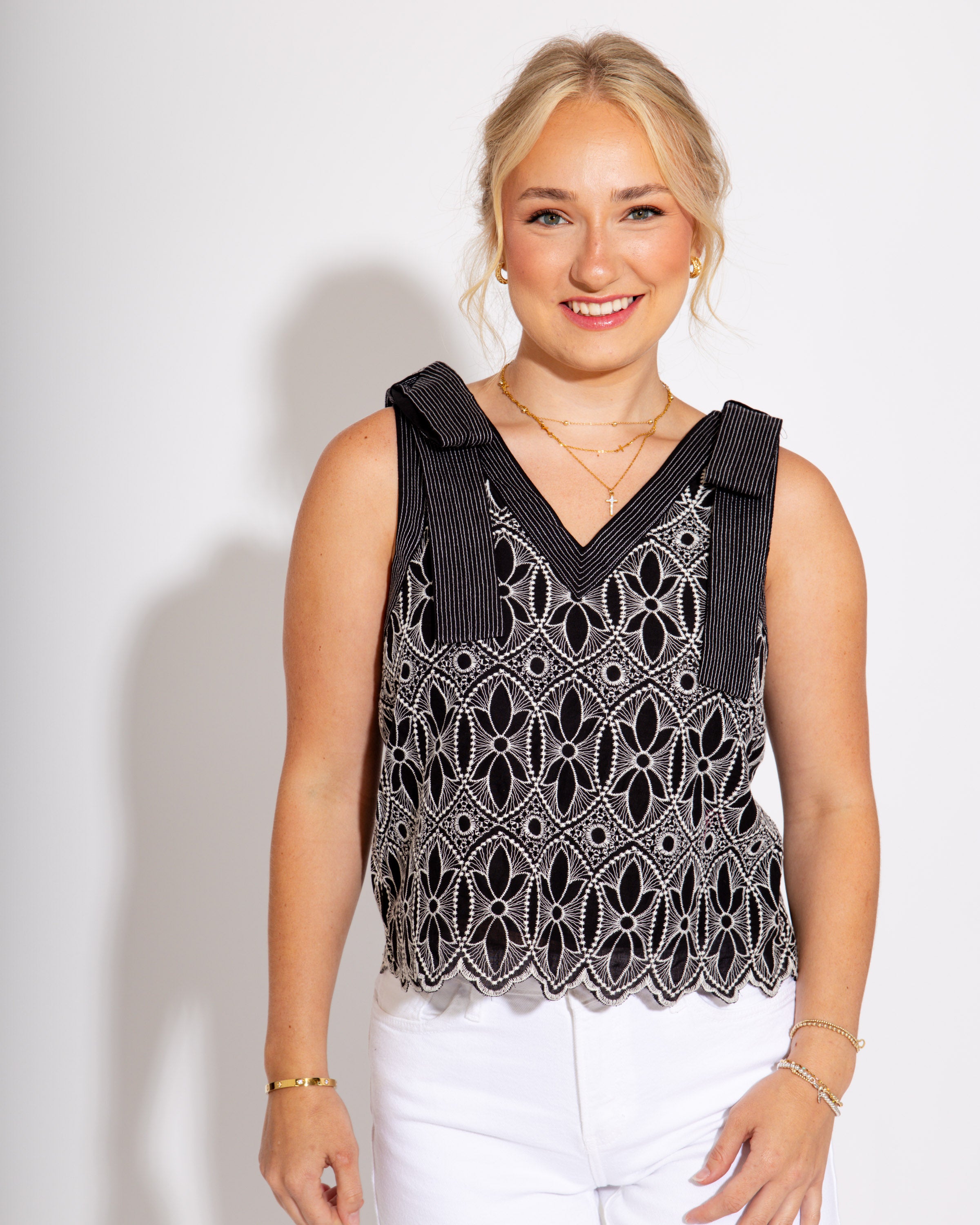 Floral Motif Bow Strap Top in Black