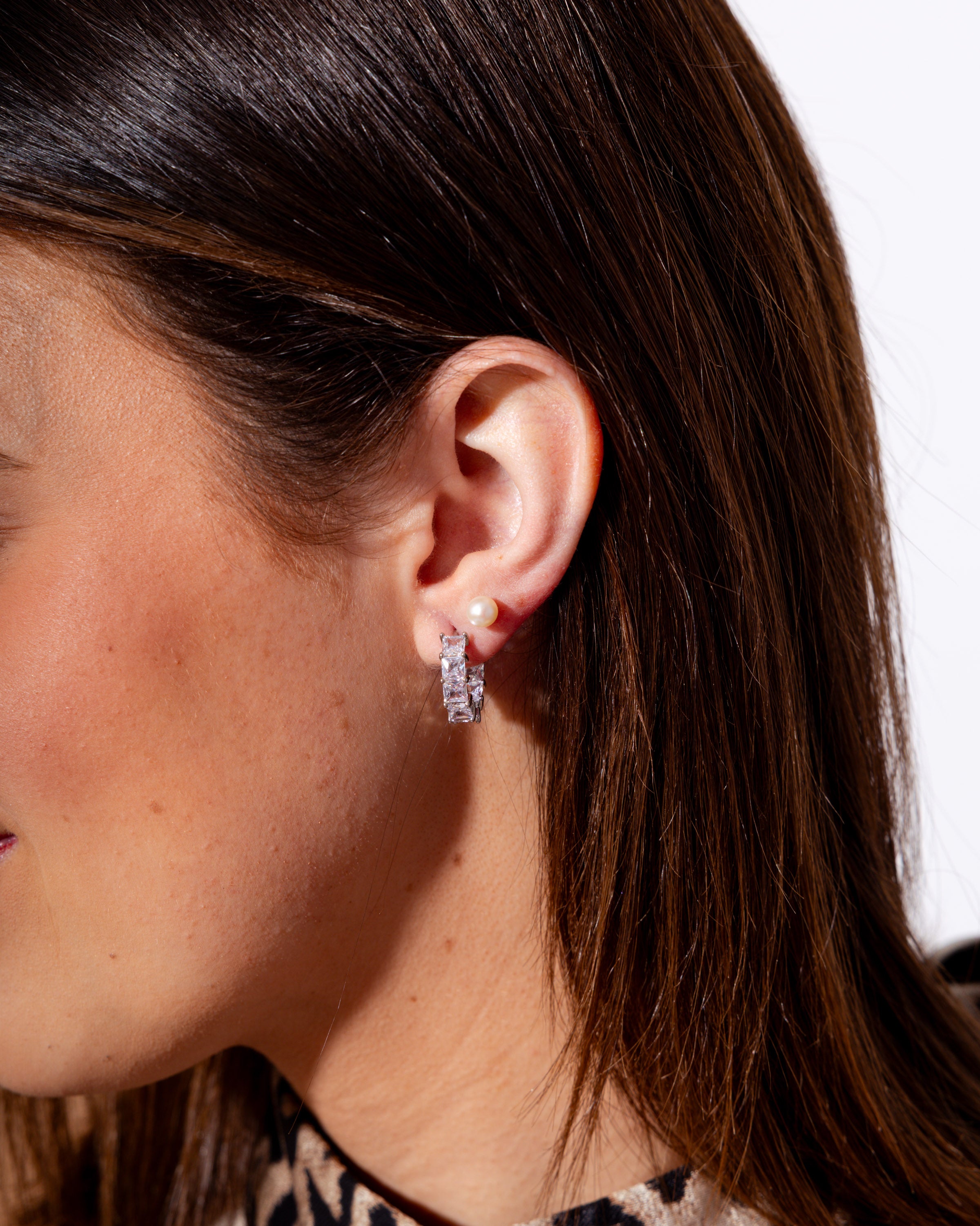 Square-Cut CZ Hoop Earrings in Silver