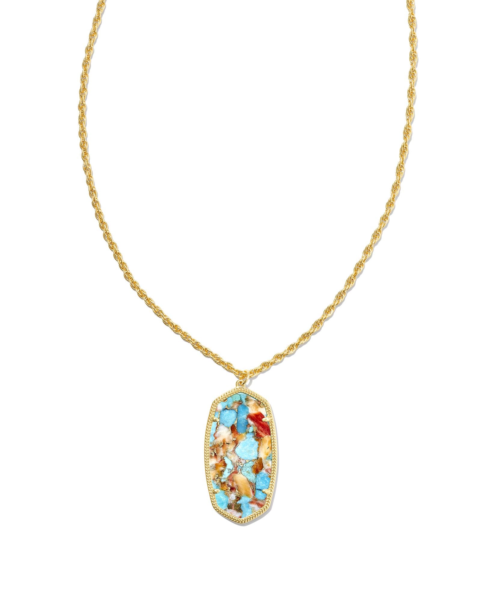 Rae Long Pendant Necklace in Gold Bronze Turquoise Magnesite Red Oyster