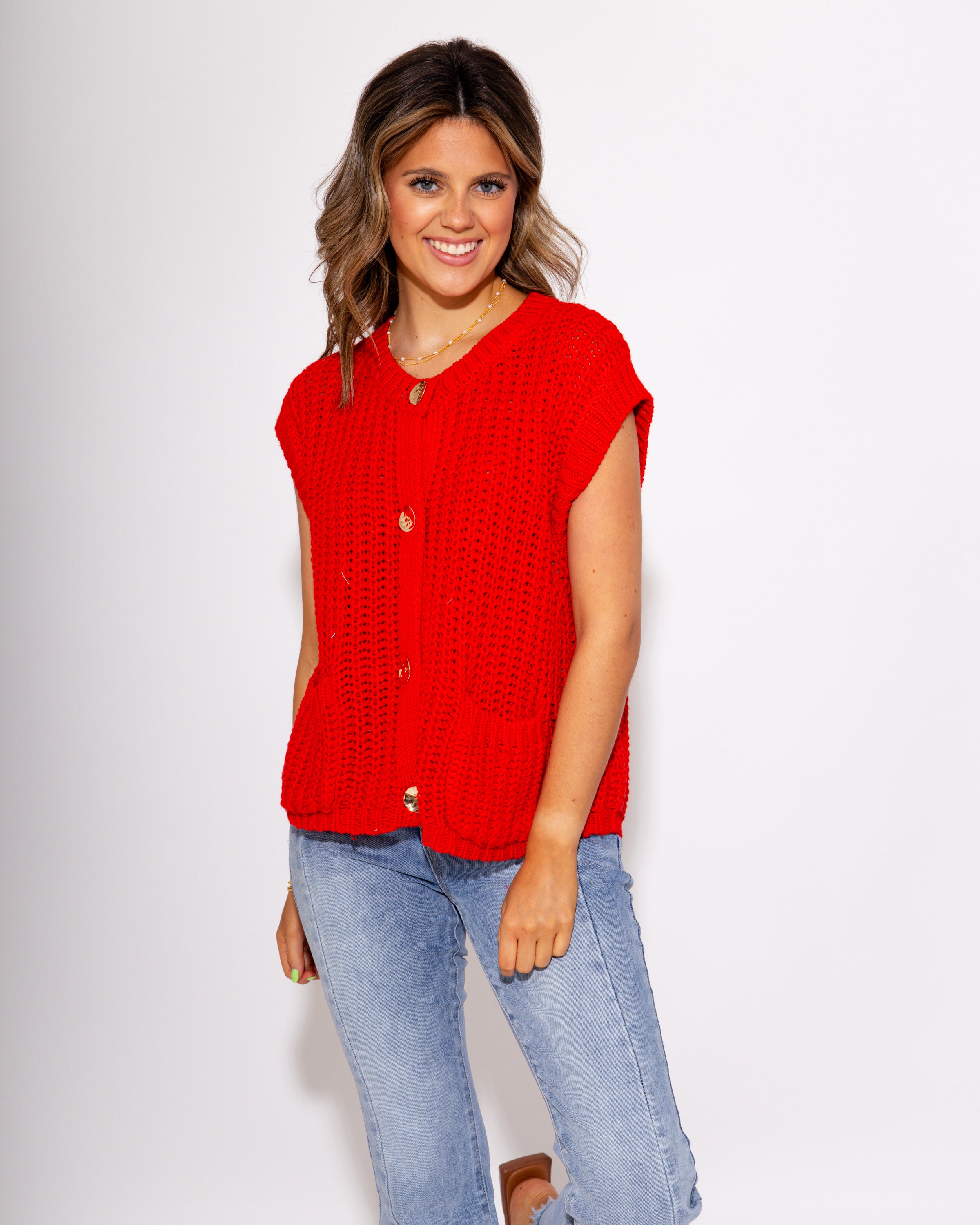 Game Day Knit and Go Button Up Vest in Red