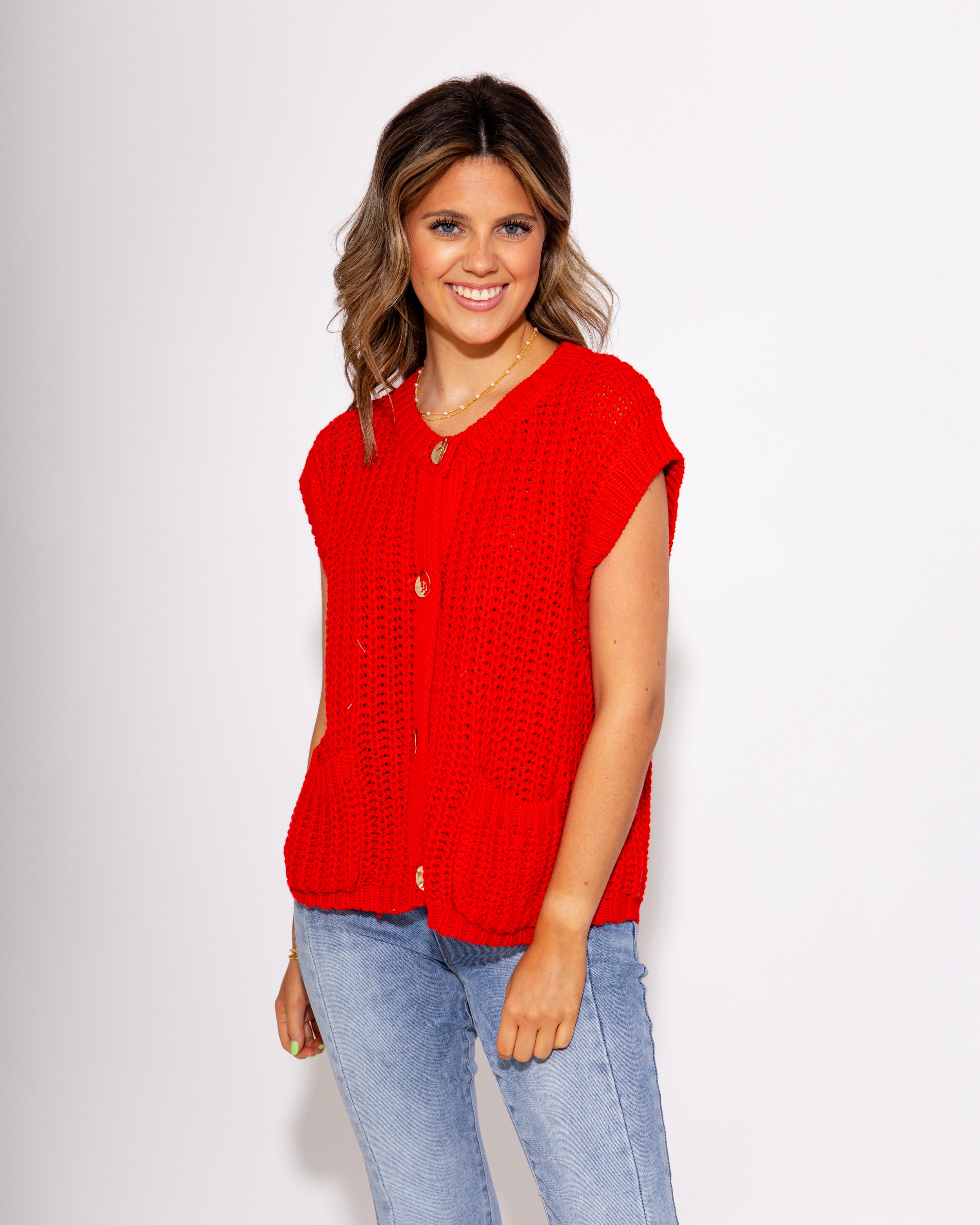 Game Day Knit and Go Button Up Vest in Red