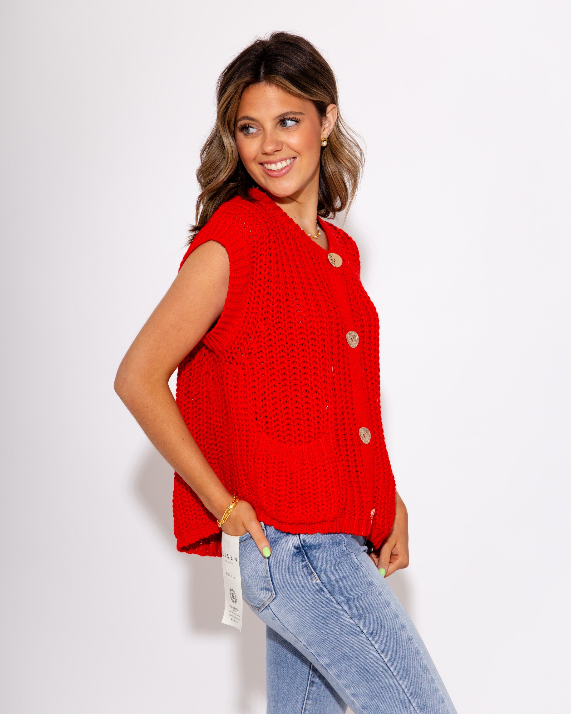 Game Day Knit and Go Button Up Vest in Red