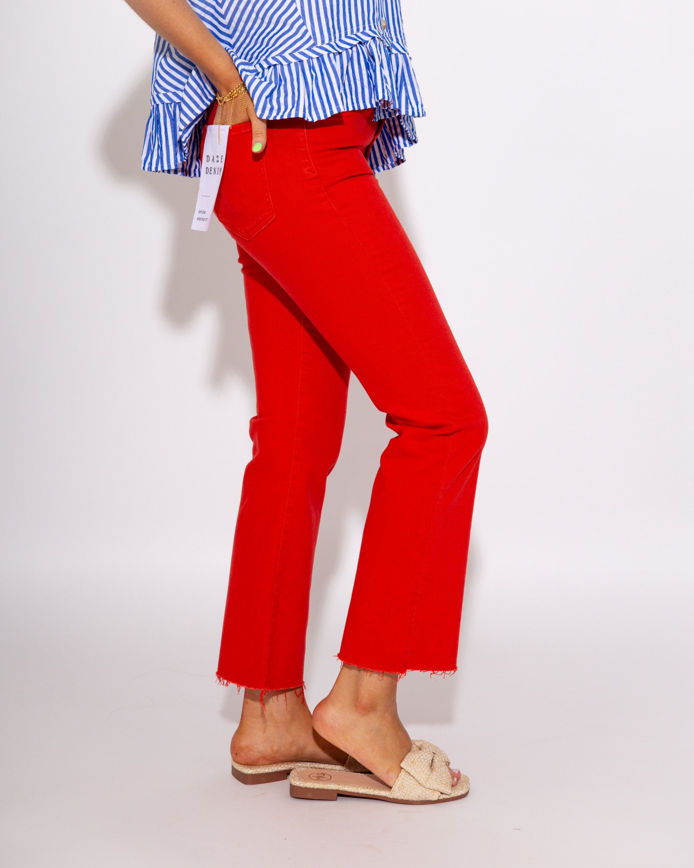 Shy Girl High Rise Frayed Jeans in Cherry Red