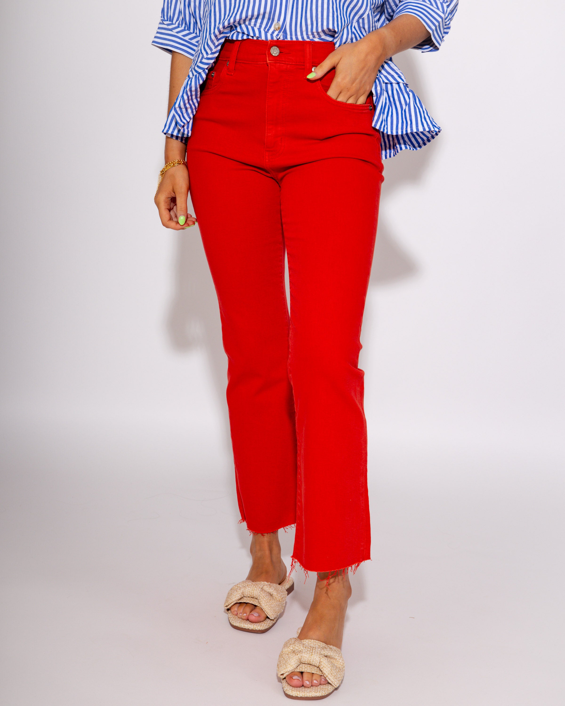 Shy Girl High Rise Frayed Jeans in Cherry Red