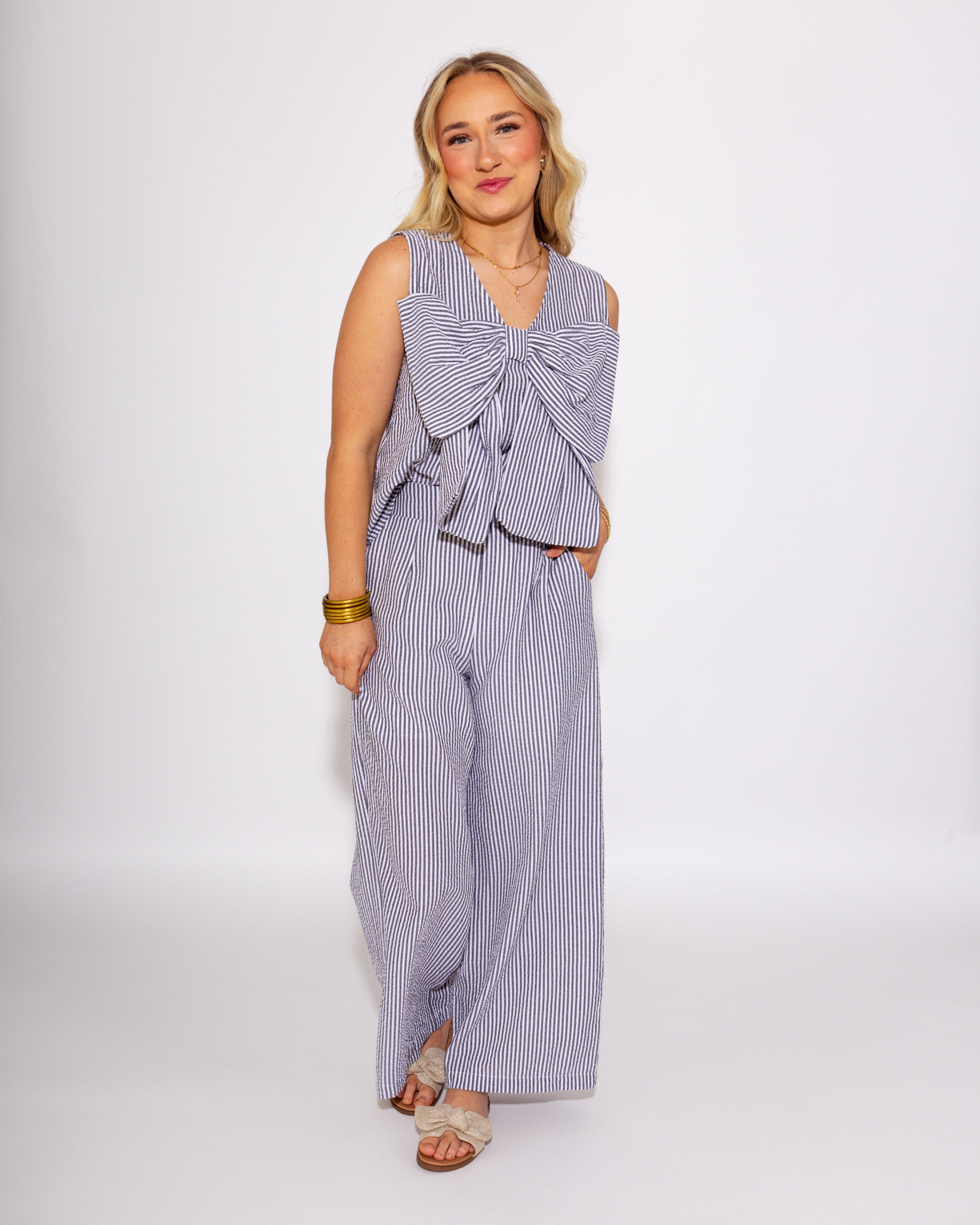 Stripe and Bow Duo Set in Black