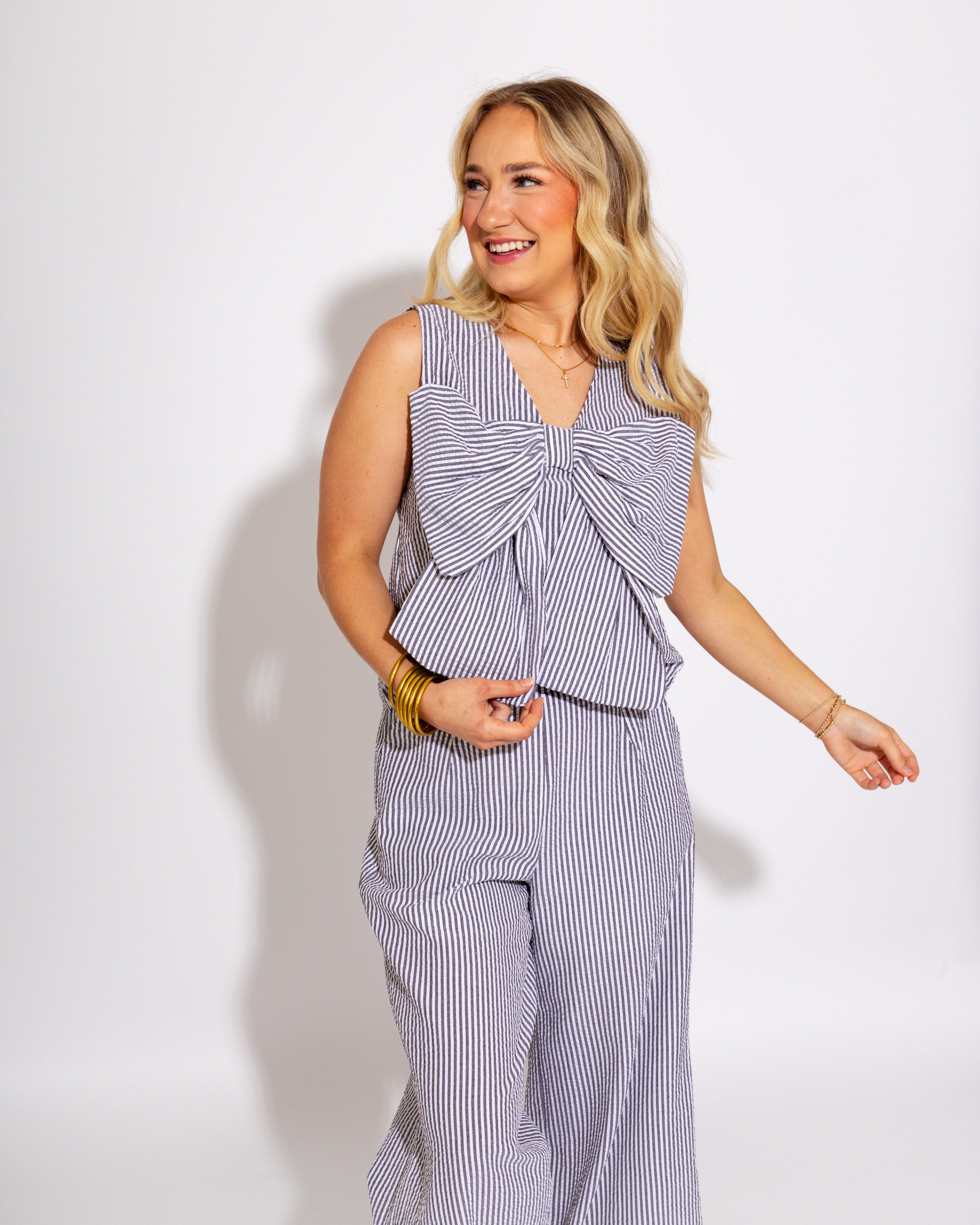 Stripe and Bow Duo Set in Black