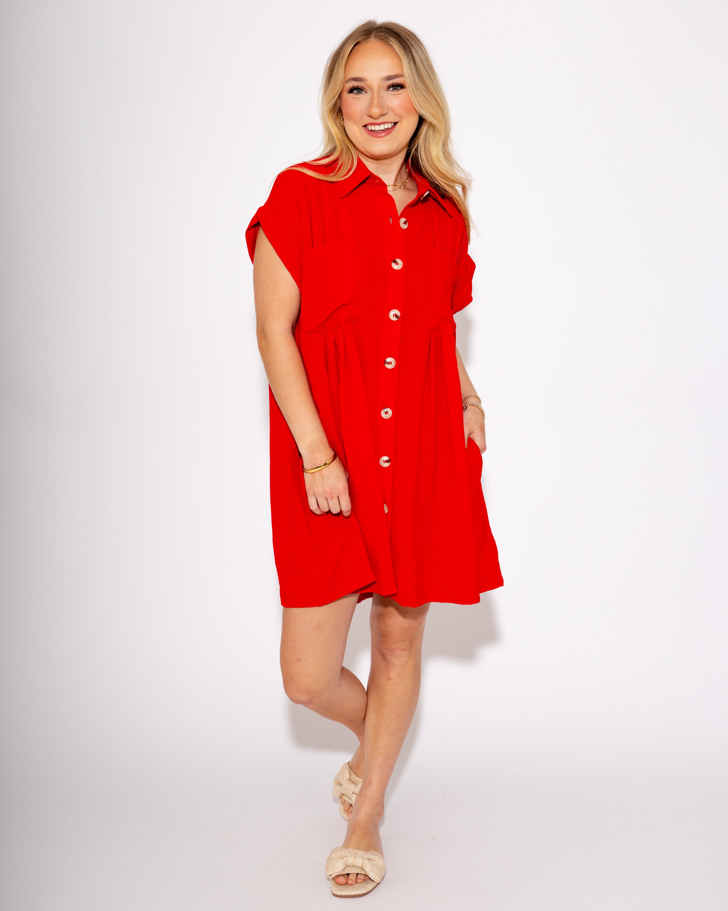 The Kickoff Shirt Dress in Red
