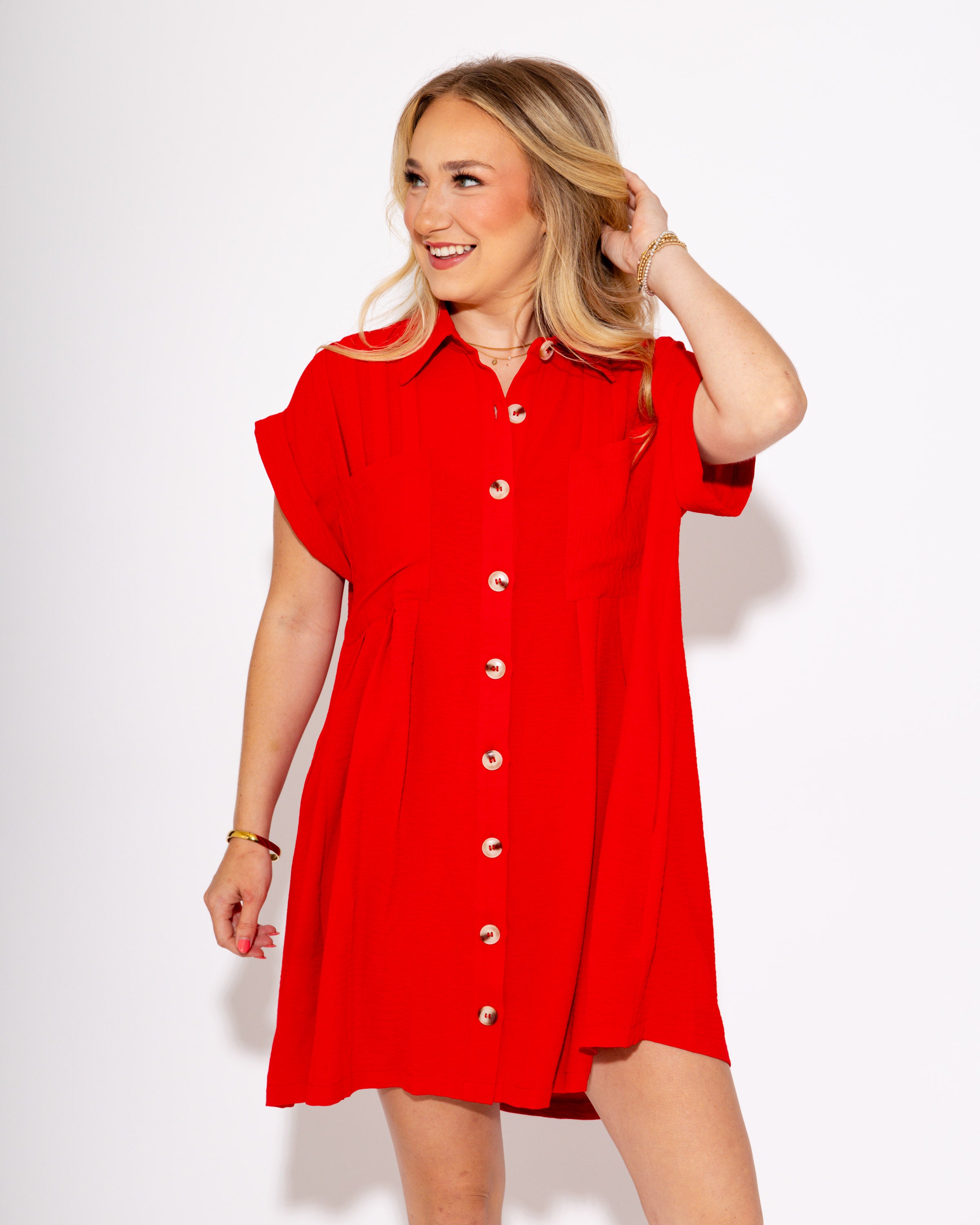 The Kickoff Shirt Dress in Red