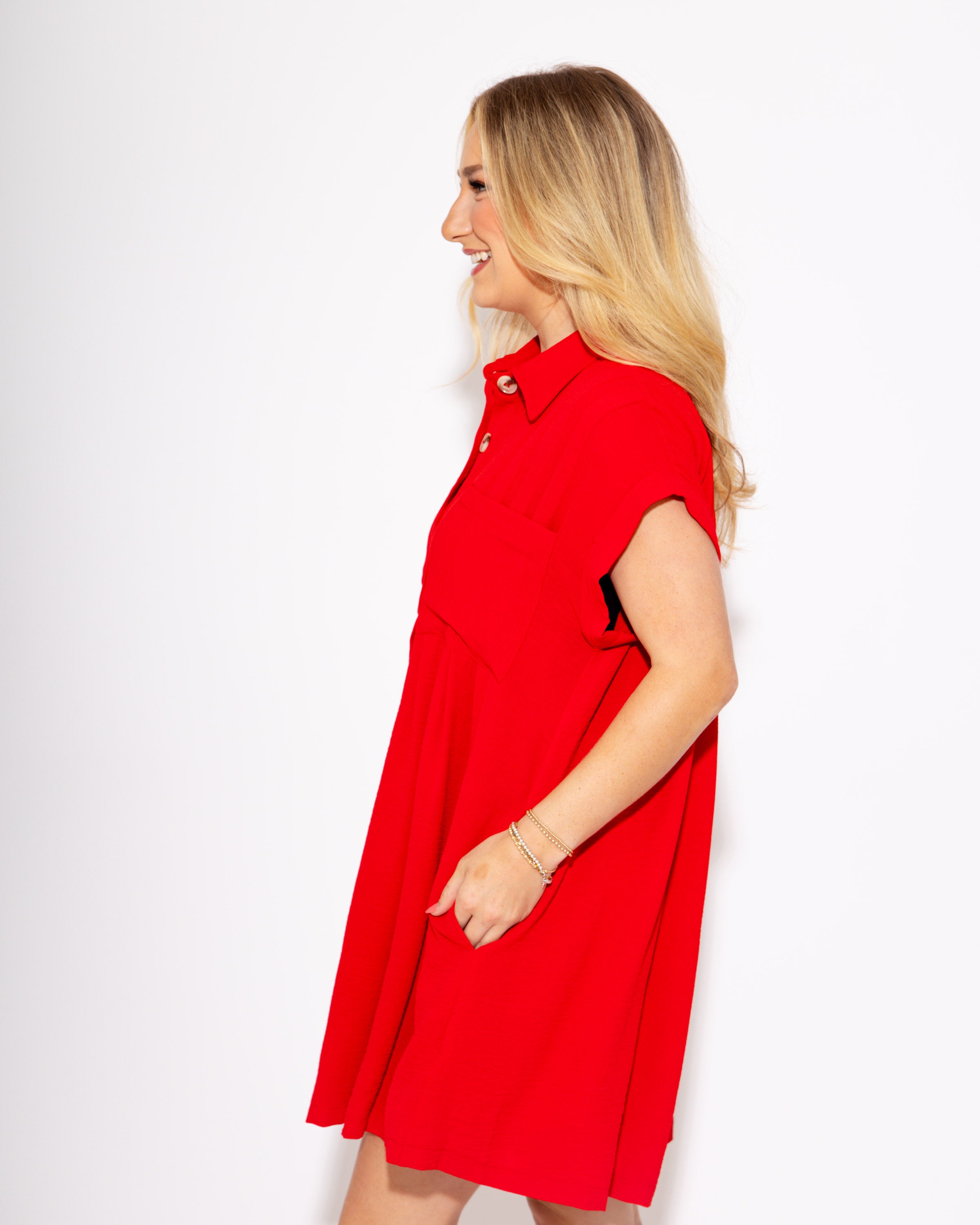 The Kickoff Shirt Dress in Red
