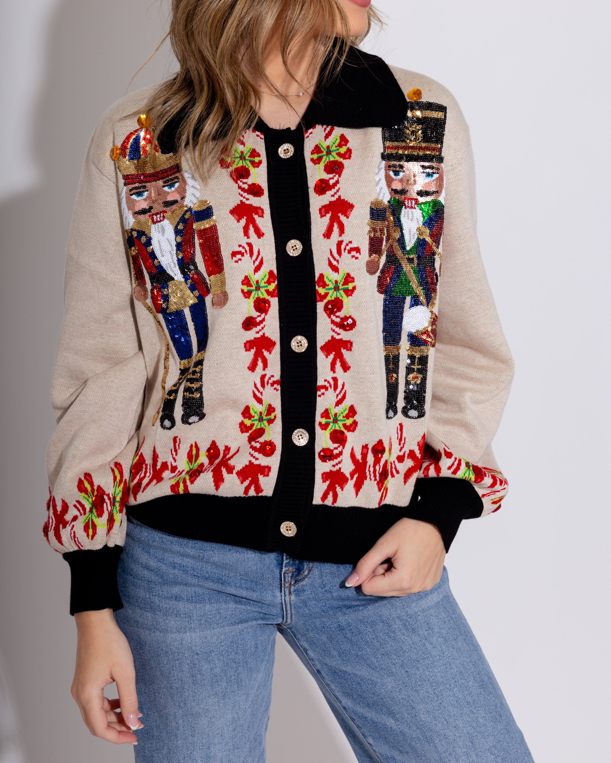 Nutcracker & Candy Cane Button Up Cardigan
