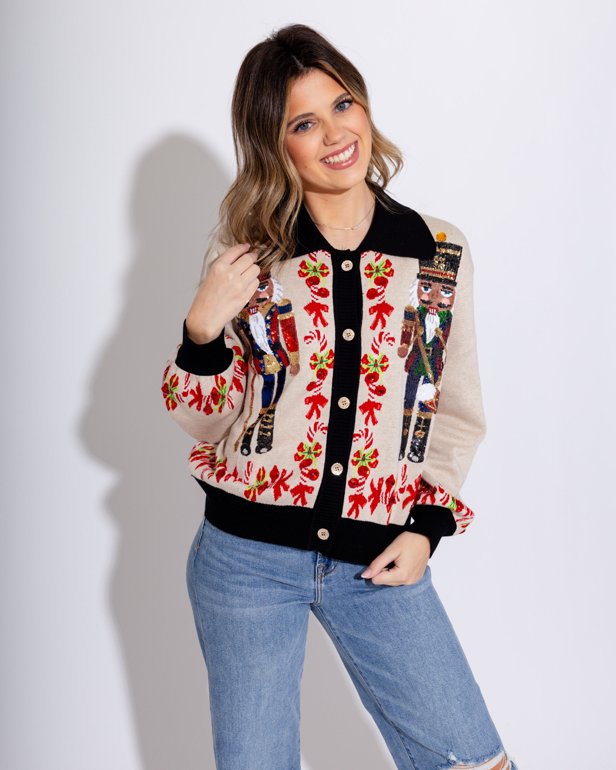 Nutcracker & Candy Cane Button Up Cardigan