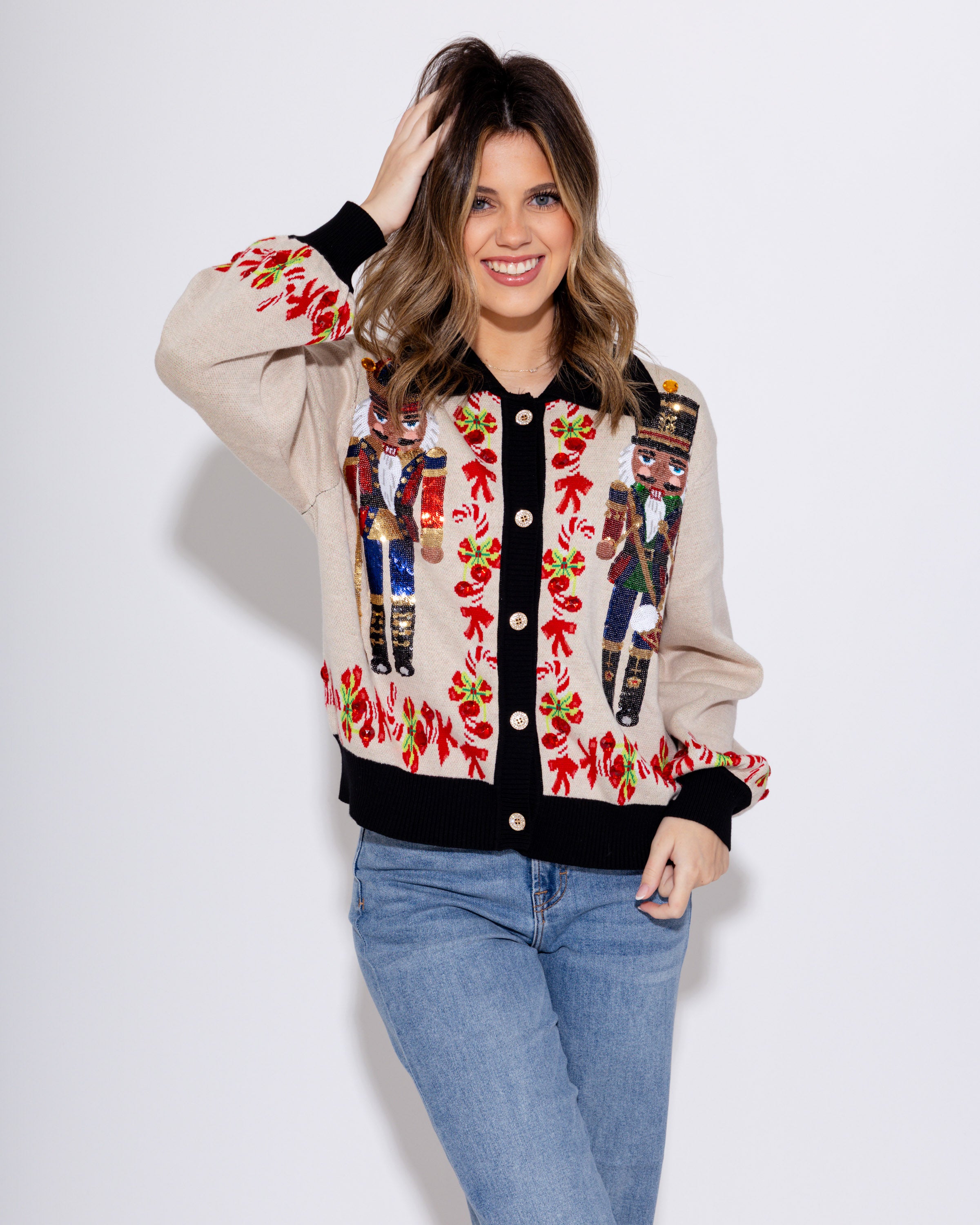Nutcracker & Candy Cane Button Up Cardigan