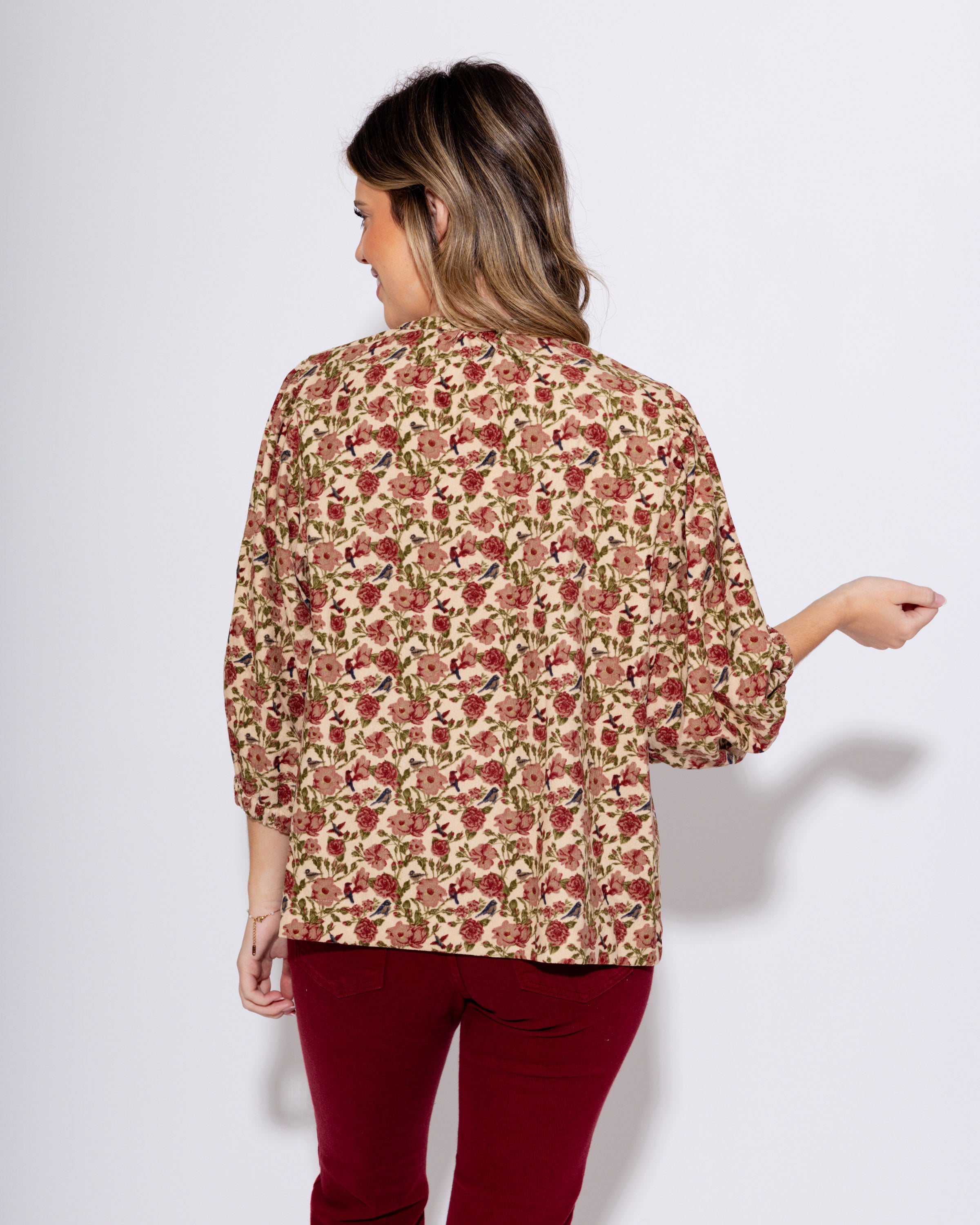 Corduroy Floral Pintuck Blouse
