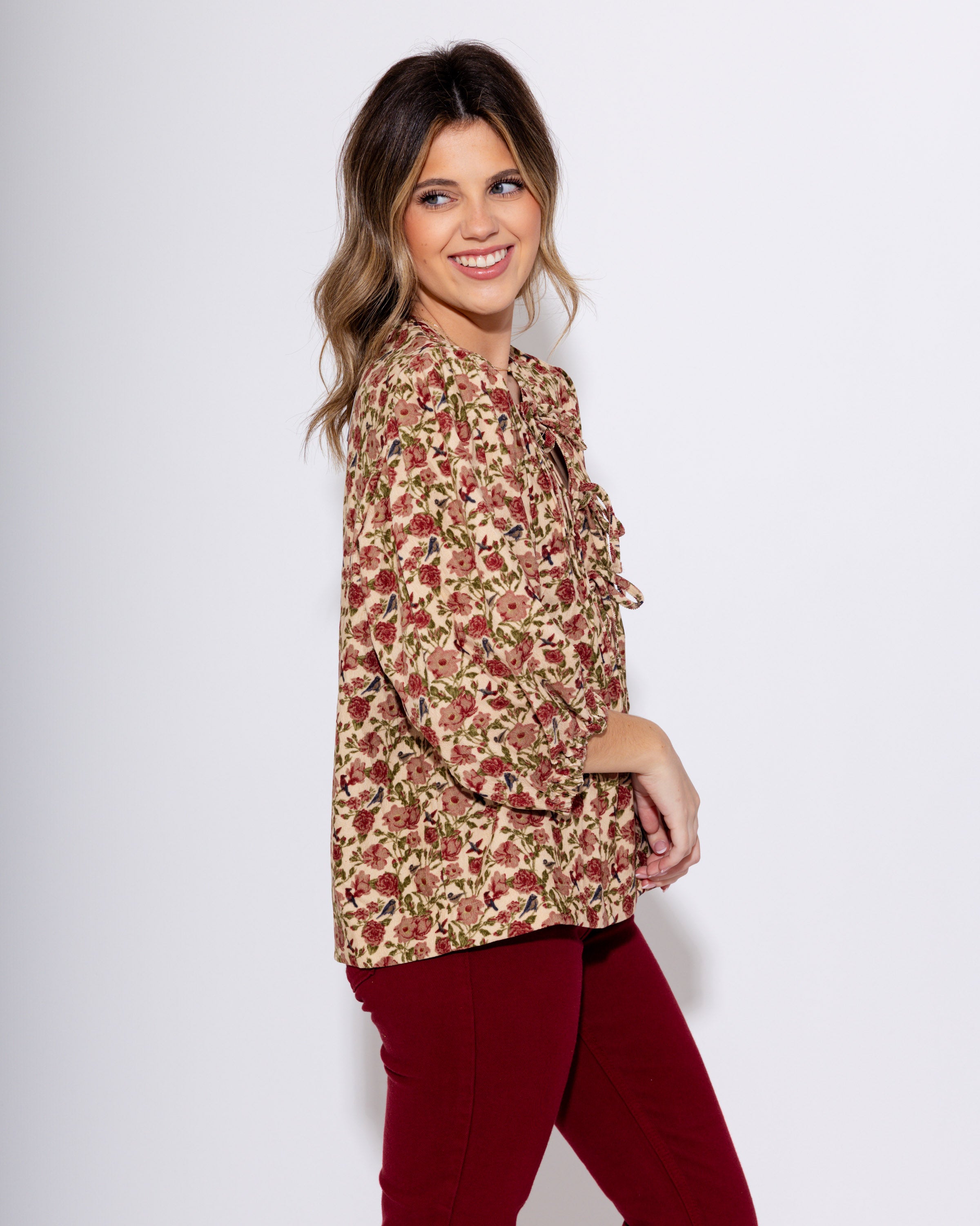 Corduroy Floral Pintuck Blouse