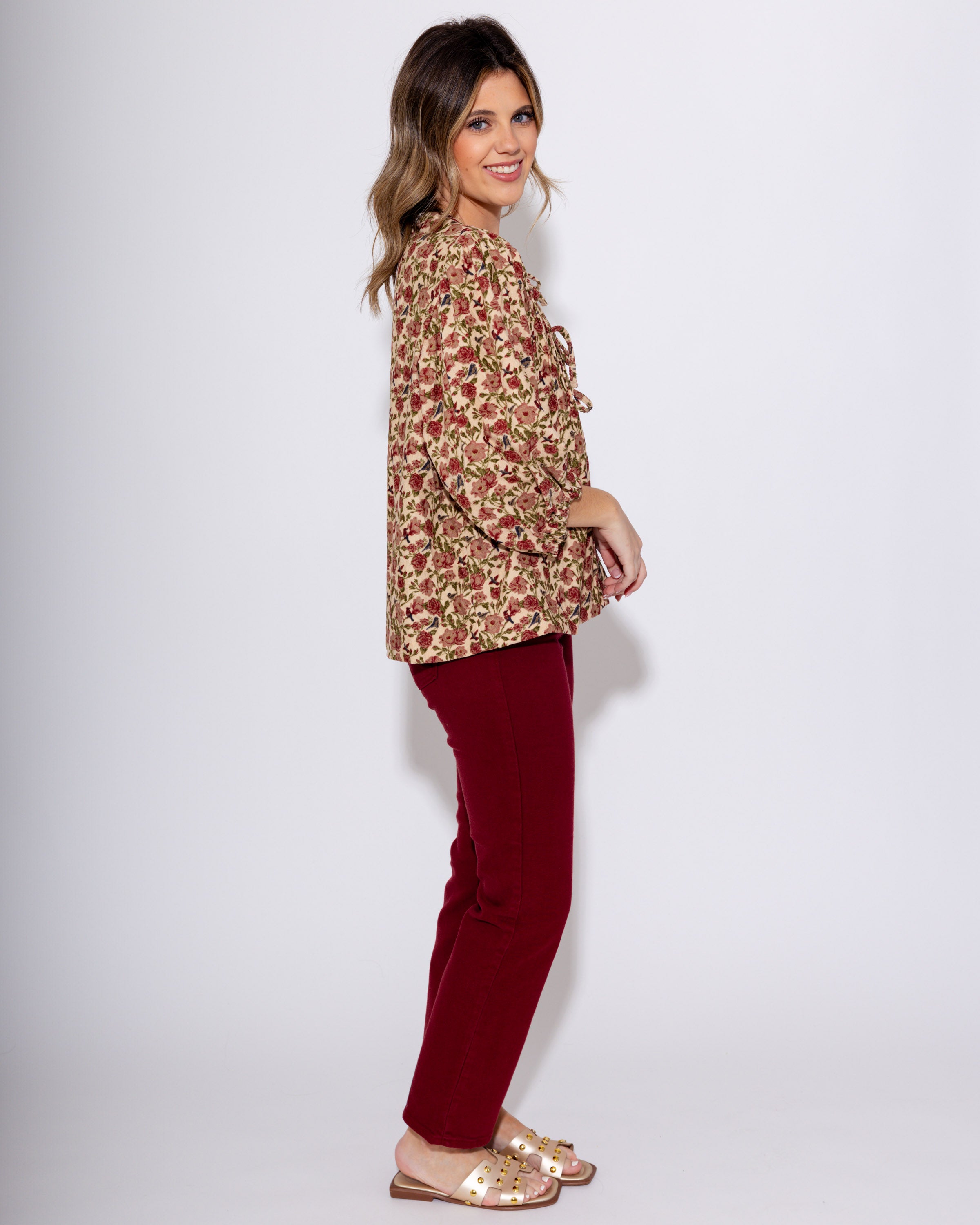 Corduroy Floral Pintuck Blouse