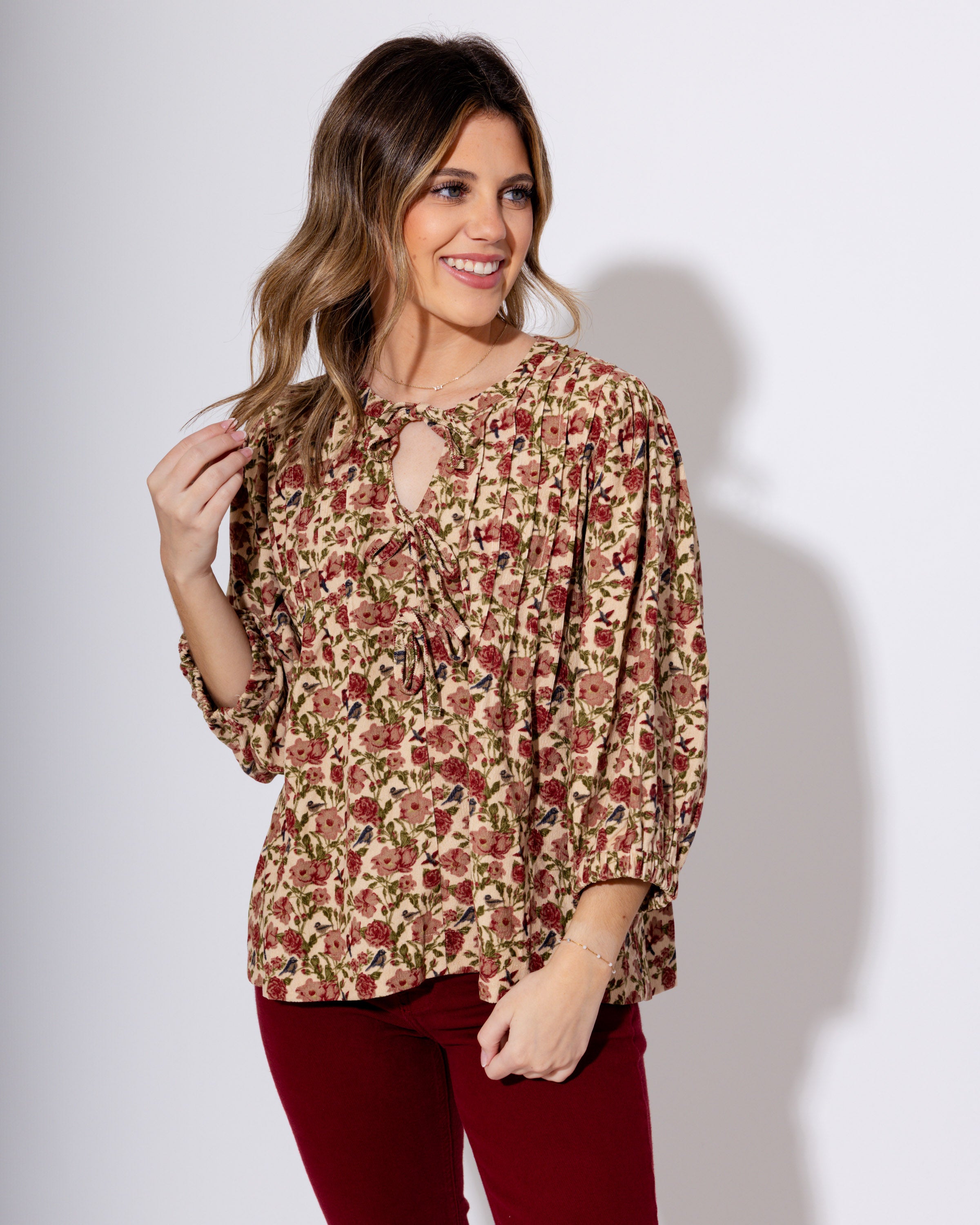 Corduroy Floral Pintuck Blouse