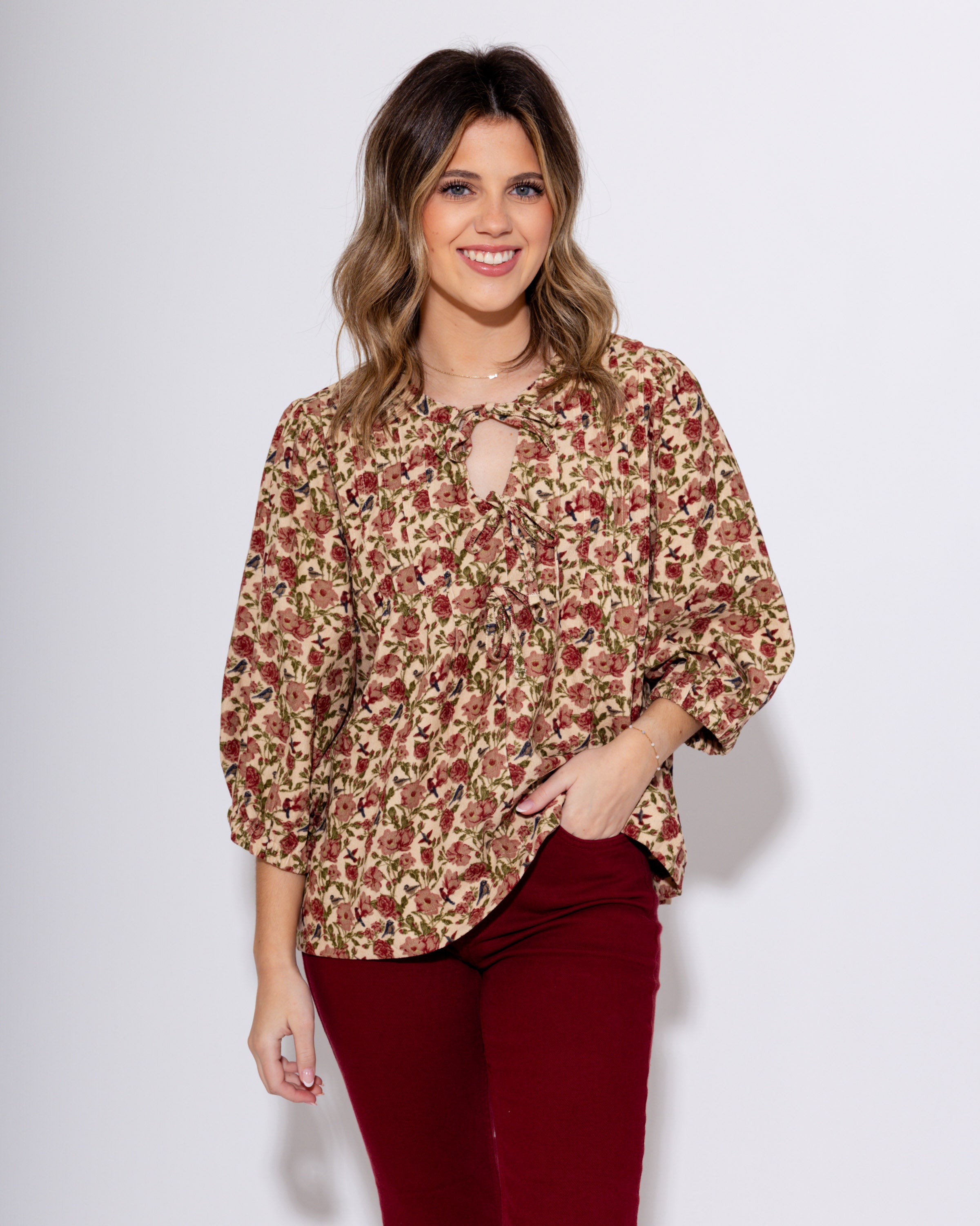 Corduroy Floral Pintuck Blouse