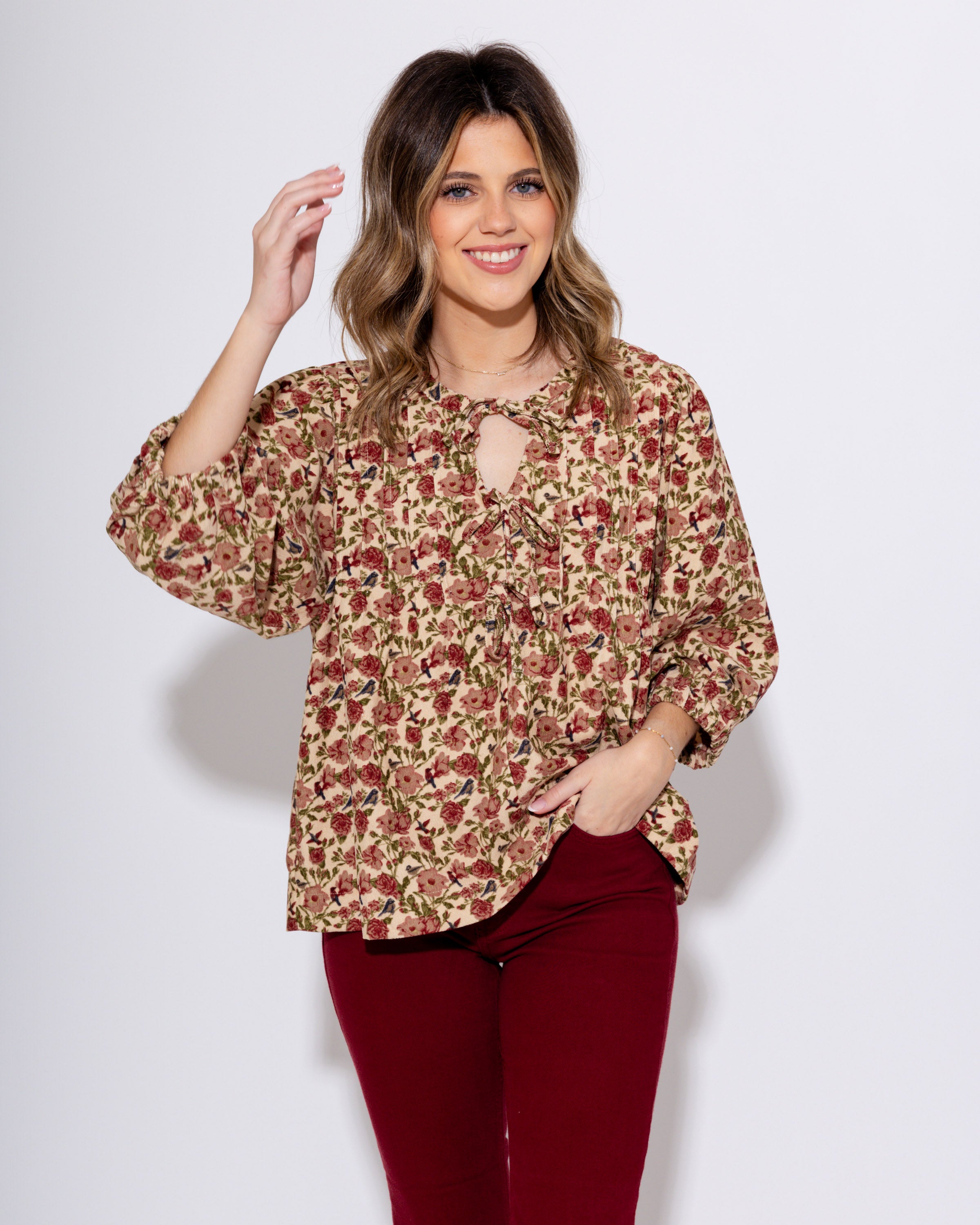 Corduroy Floral Pintuck Blouse