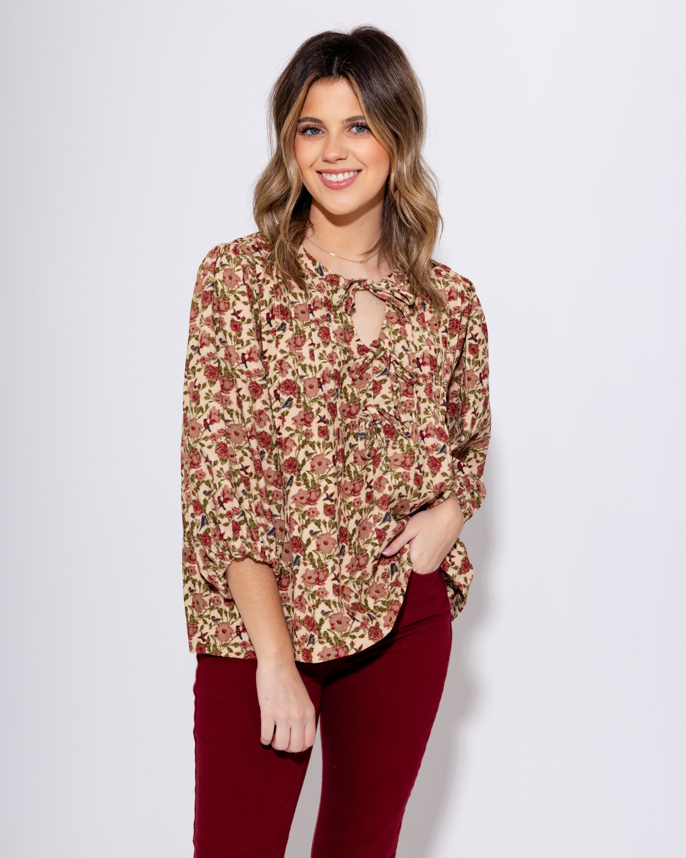 Corduroy Floral Pintuck Blouse