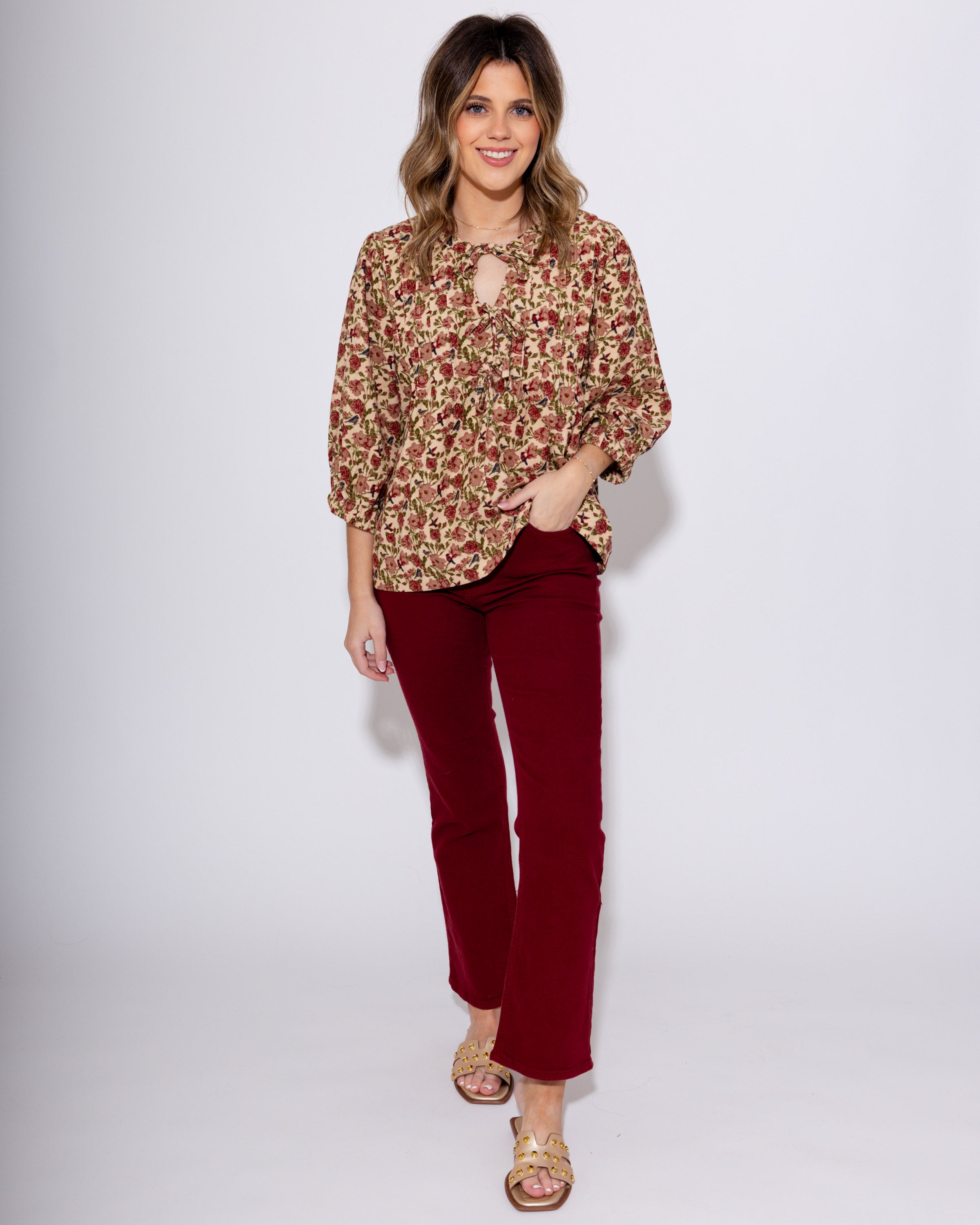 Corduroy Floral Pintuck Blouse