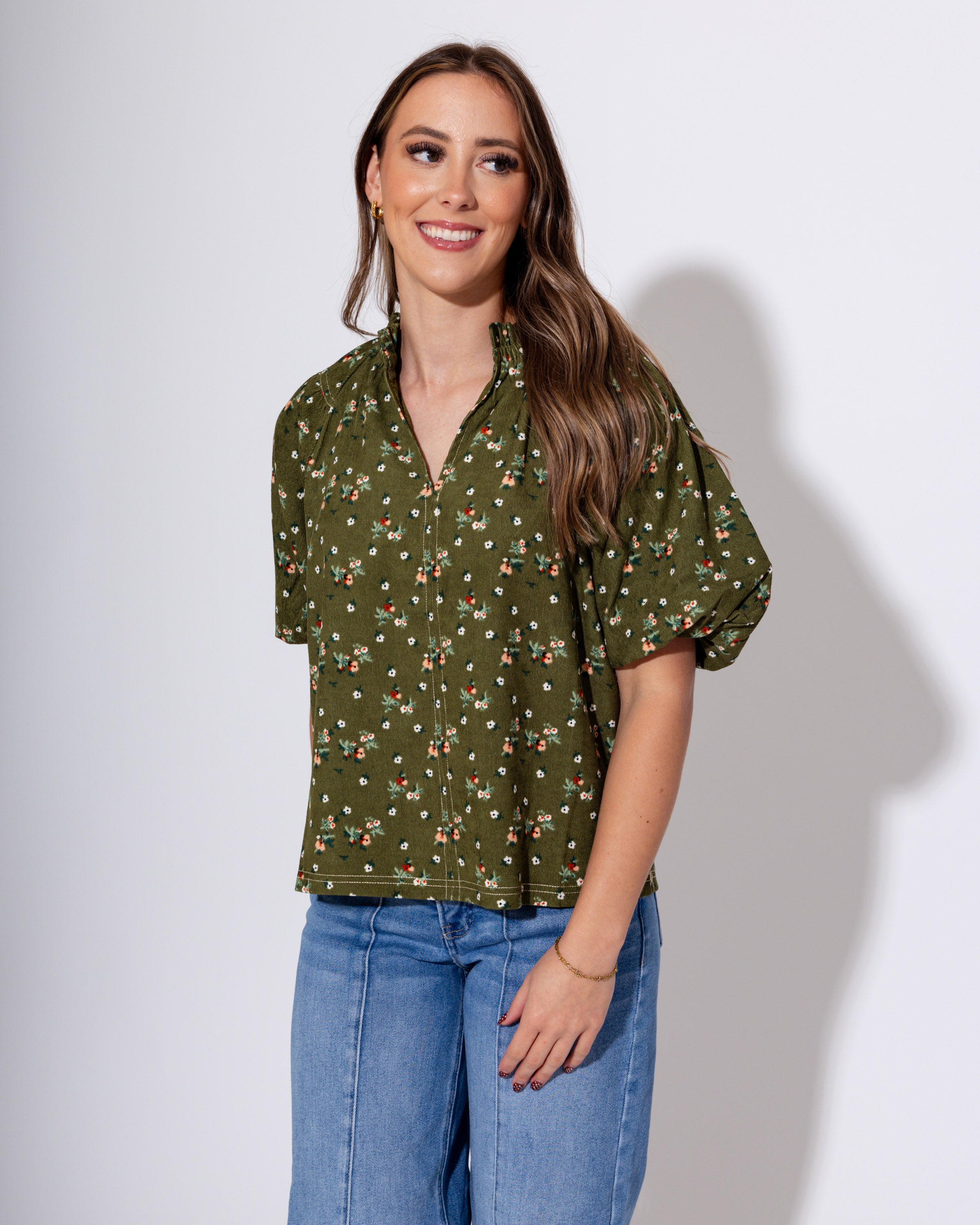 Evergreen Puff Sleeve Corduroy Flower Top