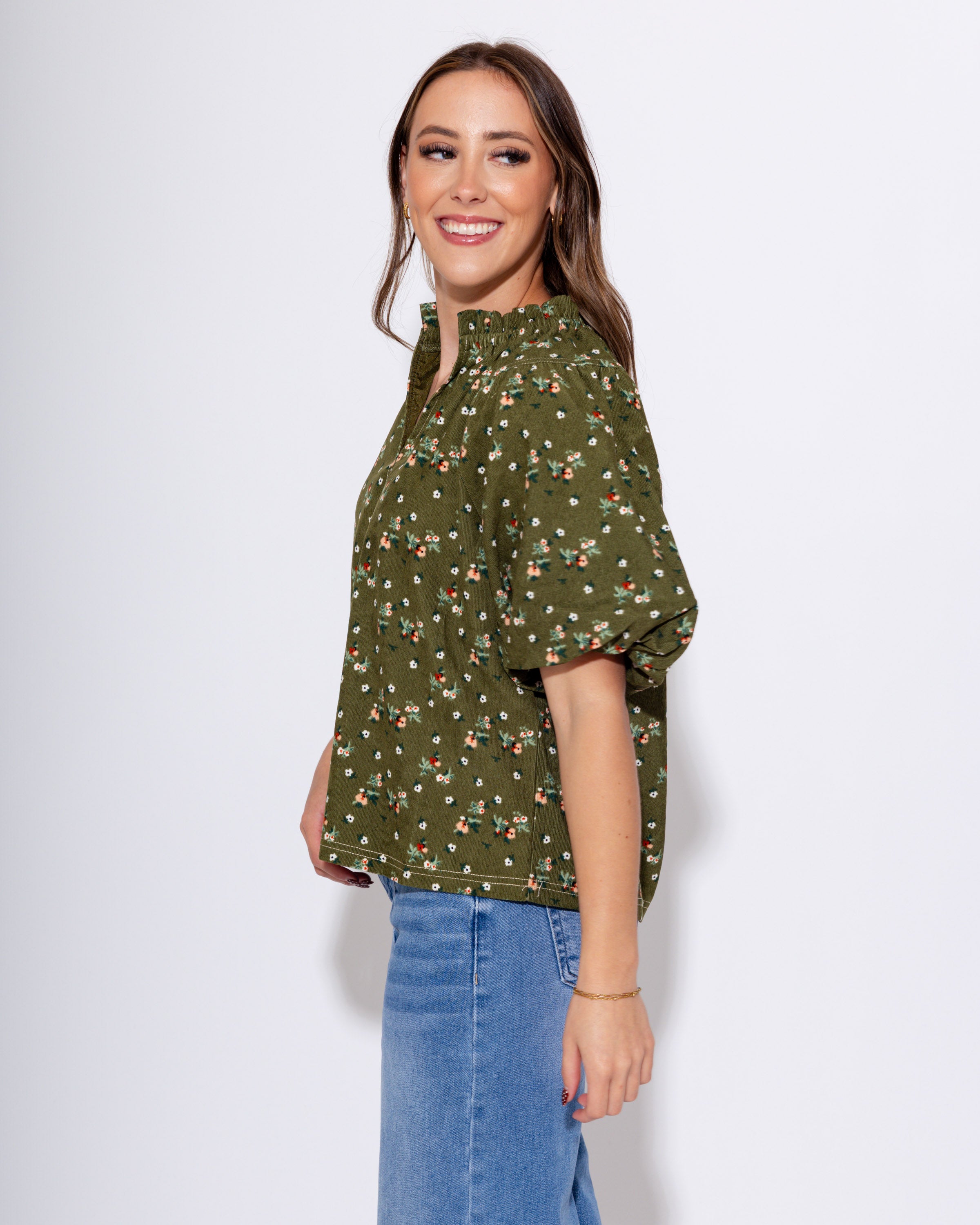 Evergreen Puff Sleeve Corduroy Flower Top