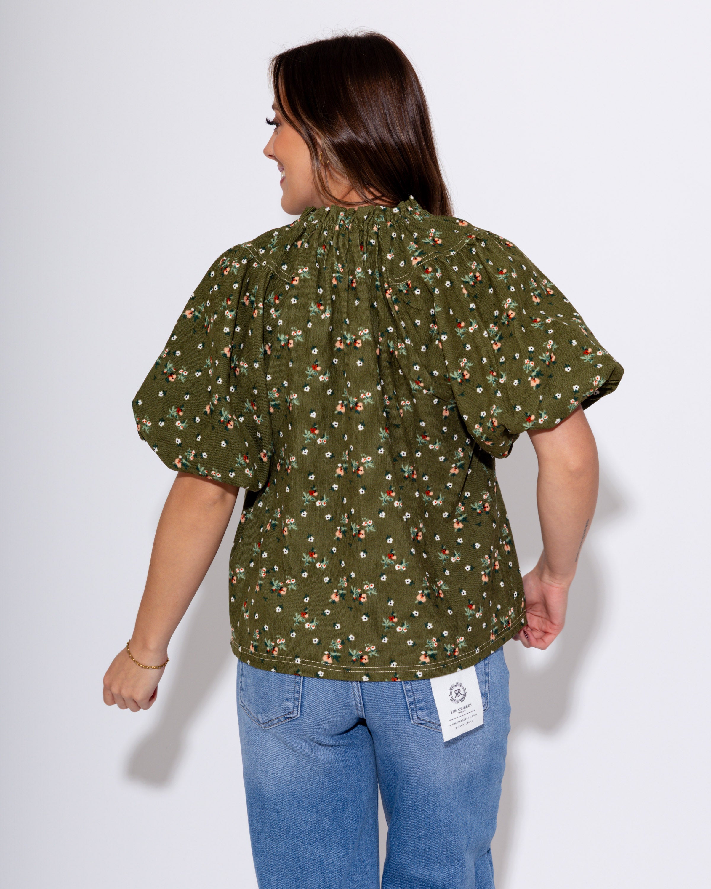 Evergreen Puff Sleeve Corduroy Flower Top