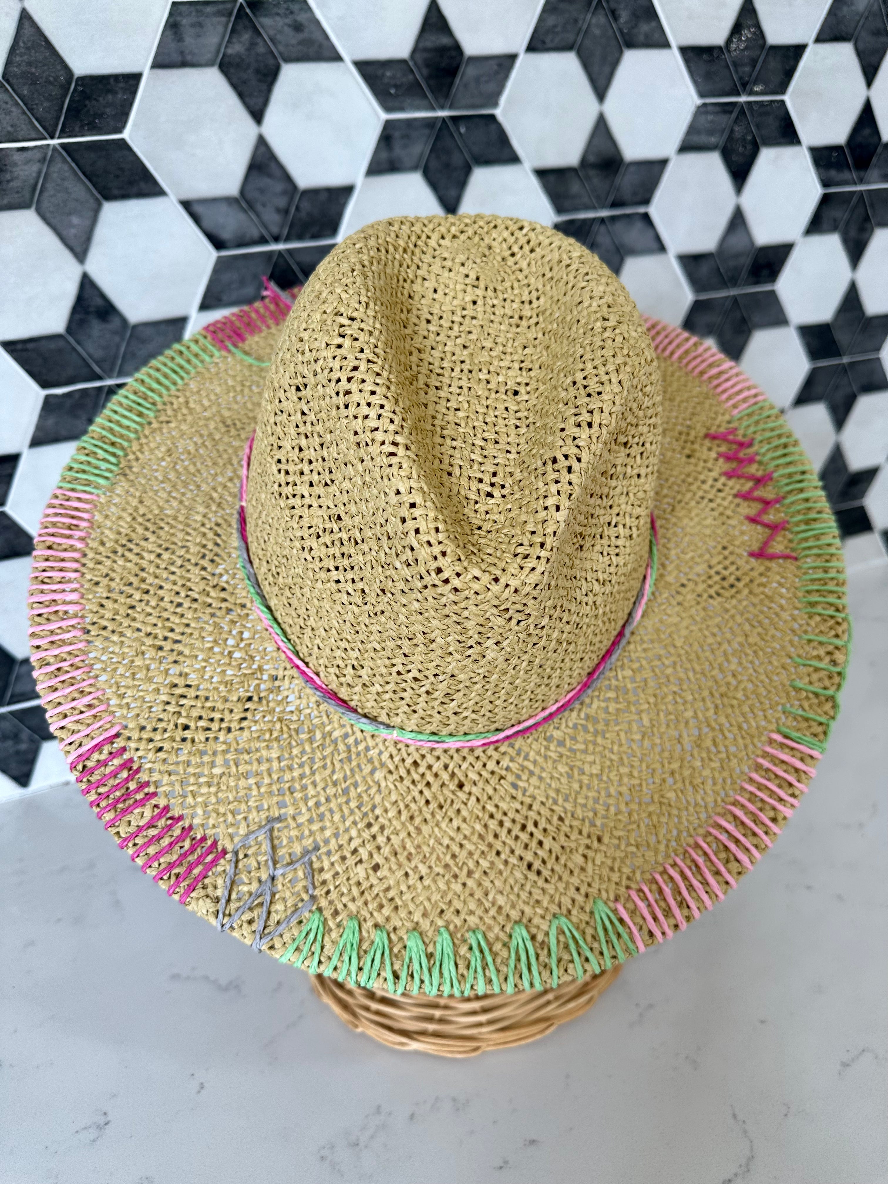Multi Color Stitch Panama Hat in Natural