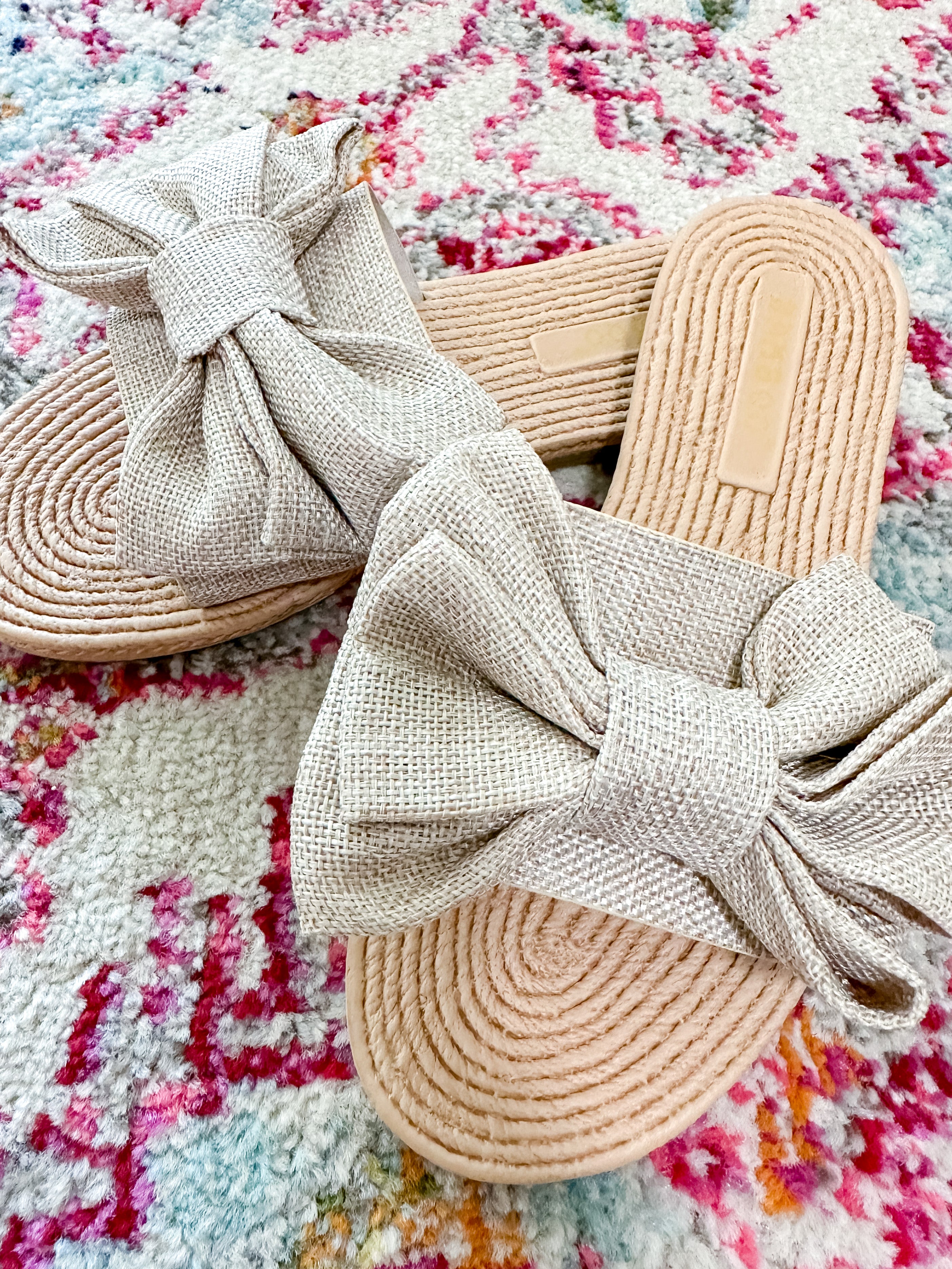 Beige Linen Bow Slide Sandals