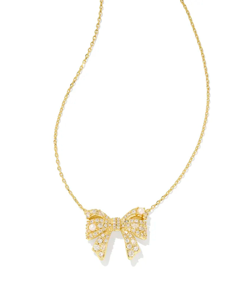 Krista Bow Short Pendant Necklace in Gold White Mix