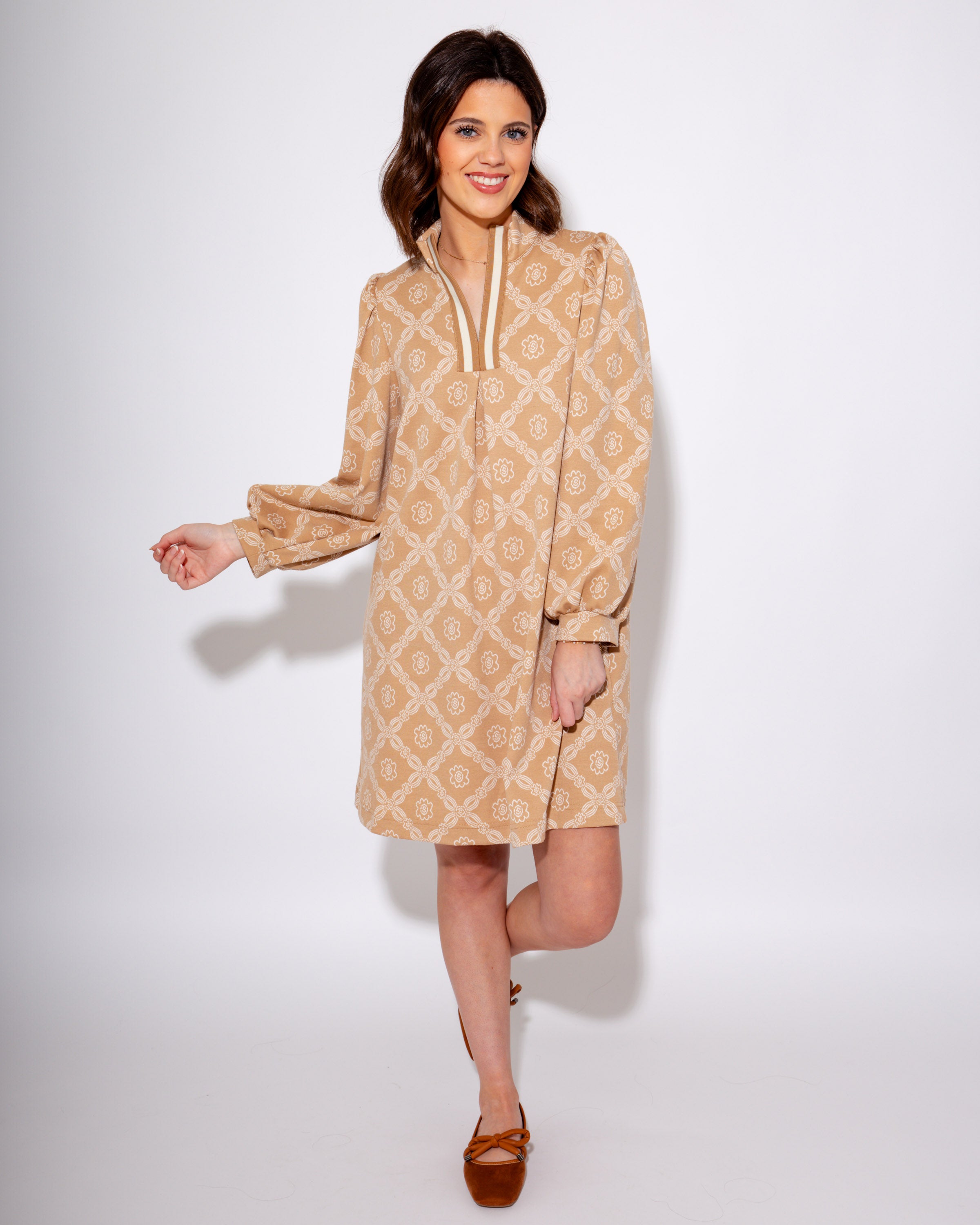 Geometric Charm Mini Dress in Latte