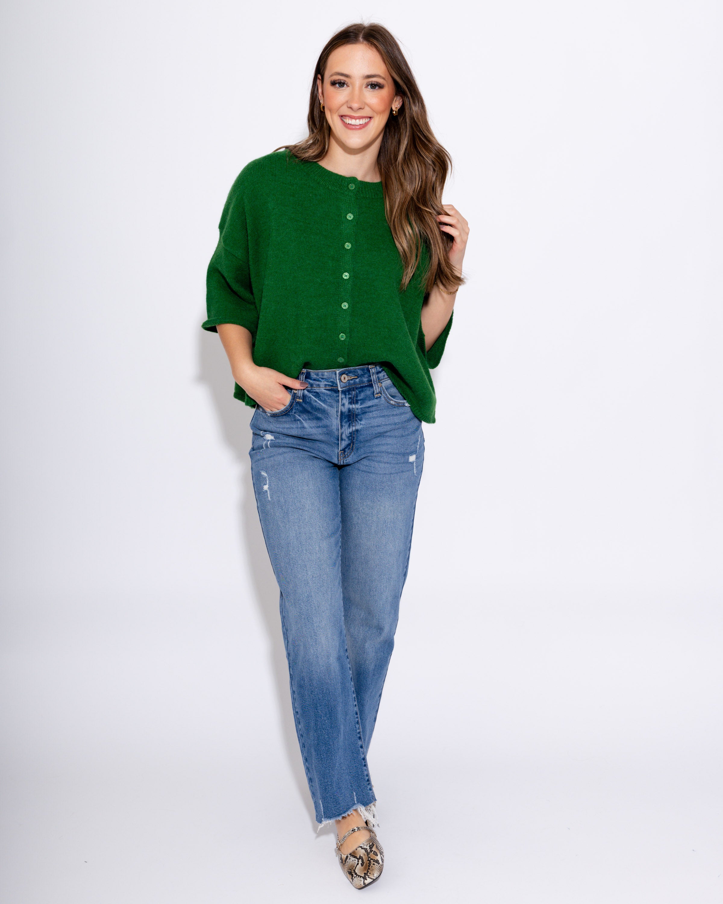 Evergreen Button Up Ease Sweater Top