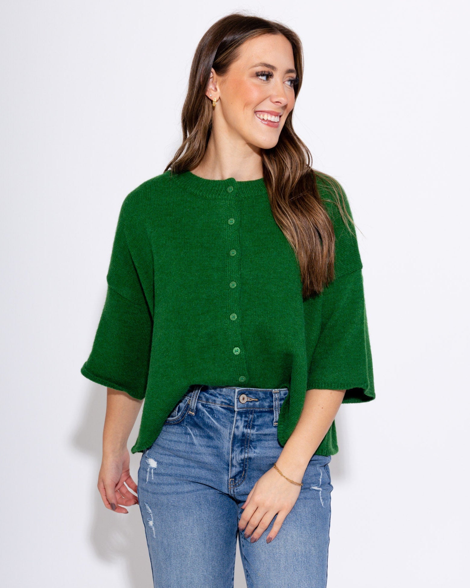 Evergreen Button Up Ease Sweater Top