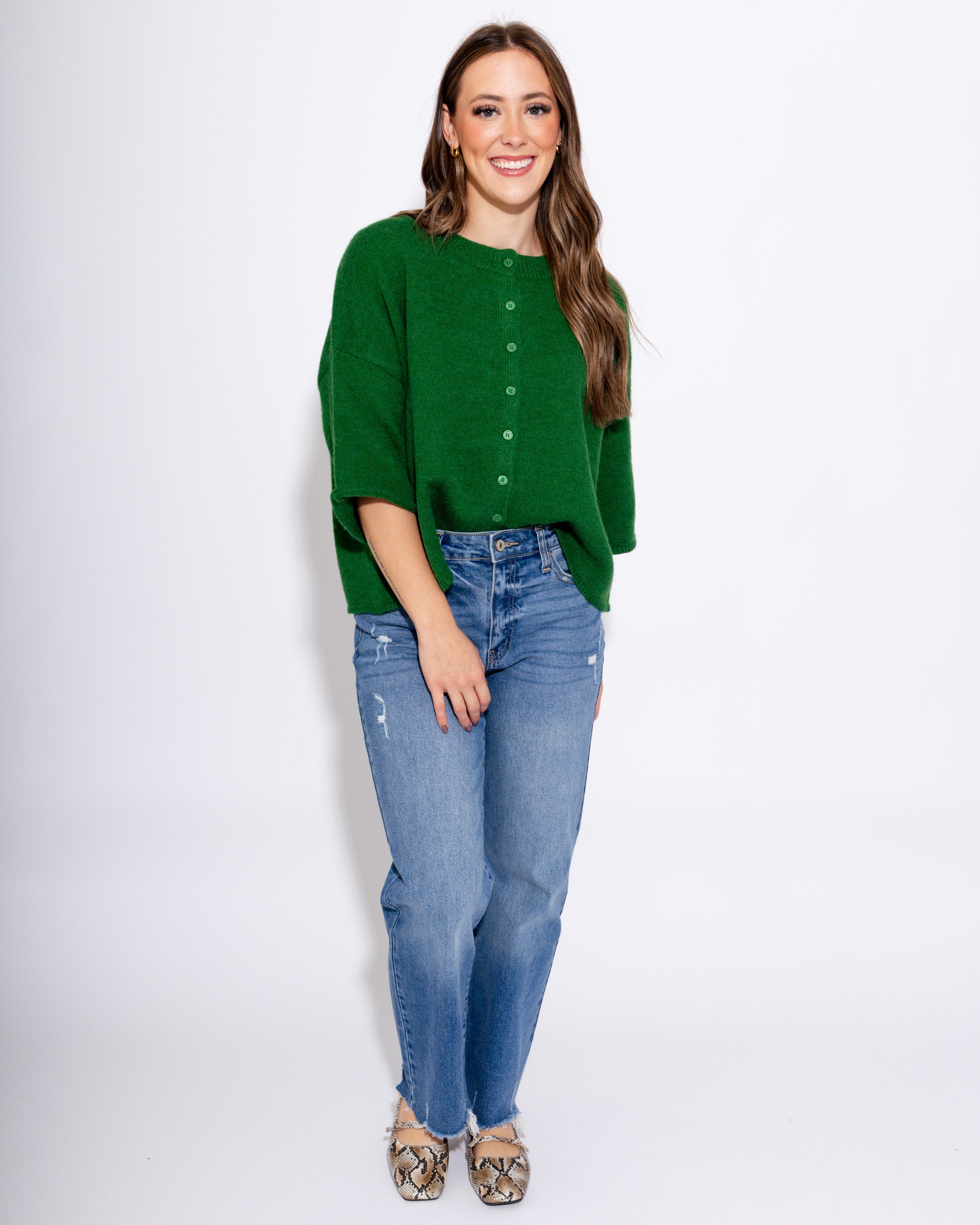 Evergreen Button Up Ease Sweater Top