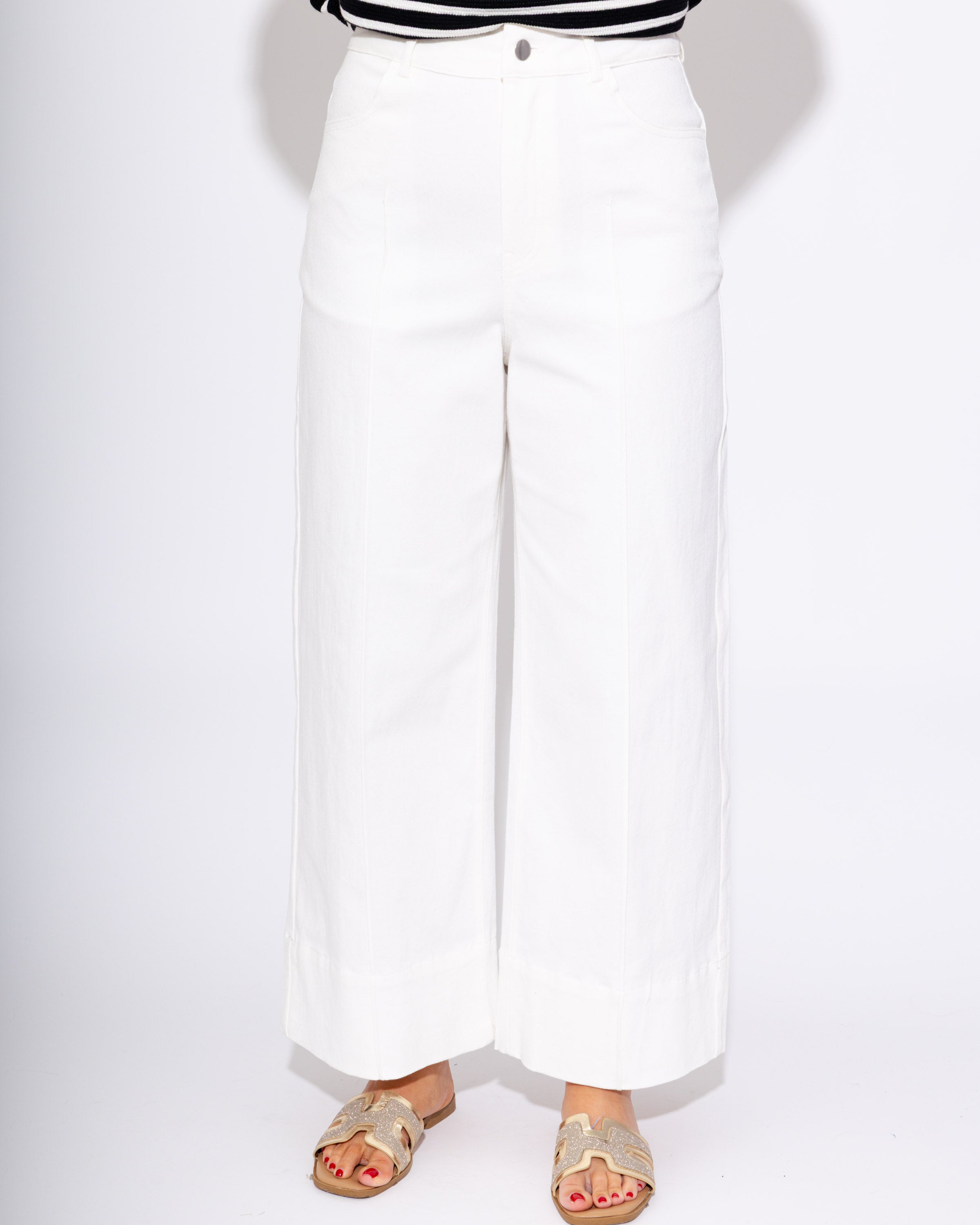 Mid Rise Wide Leg Cuff Ankle Length Pants