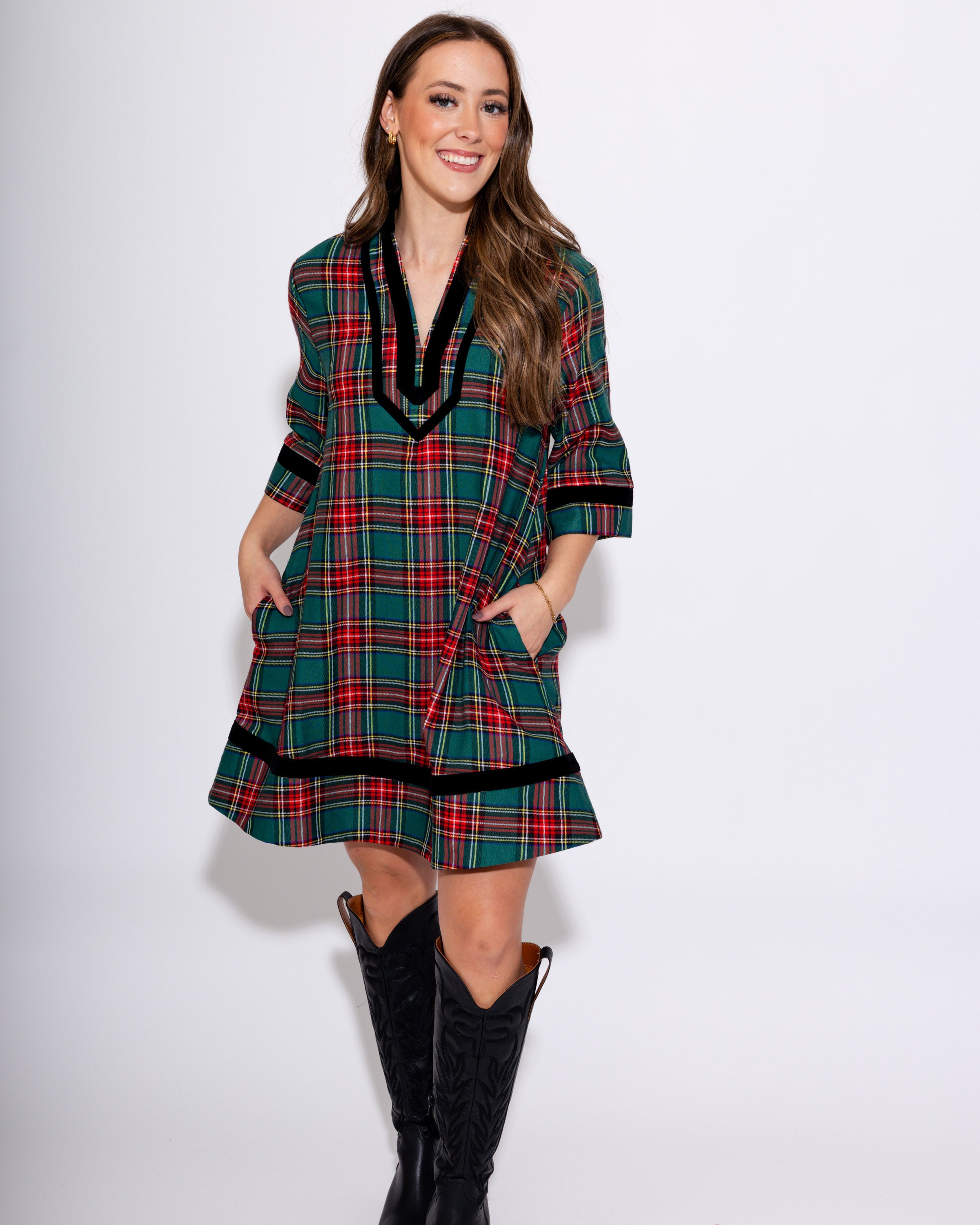 Velvet Trim Plaid Mini in Green