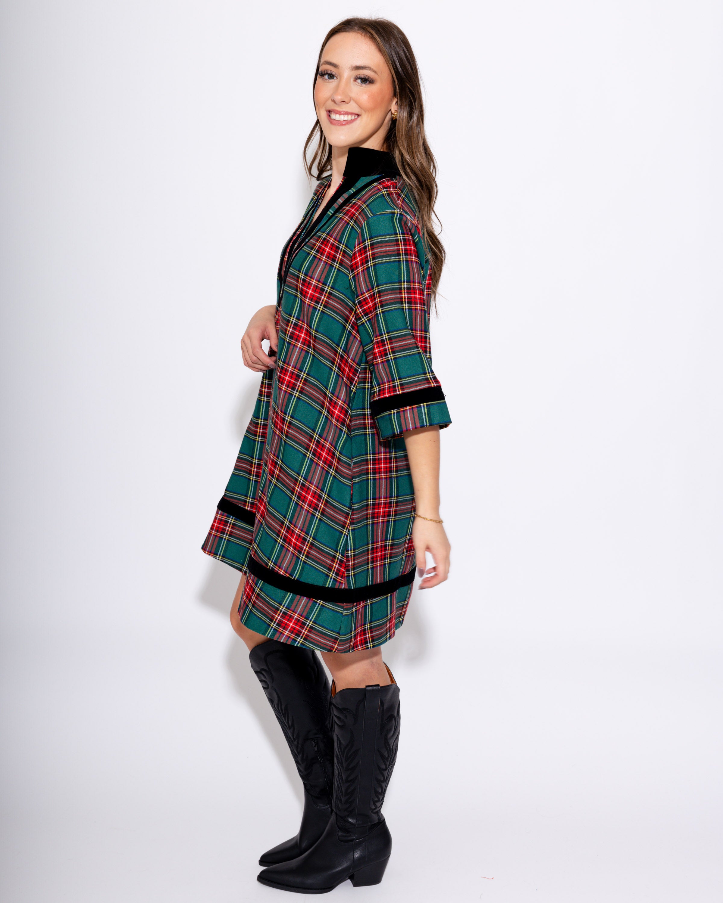 Velvet Trim Plaid Mini in Green