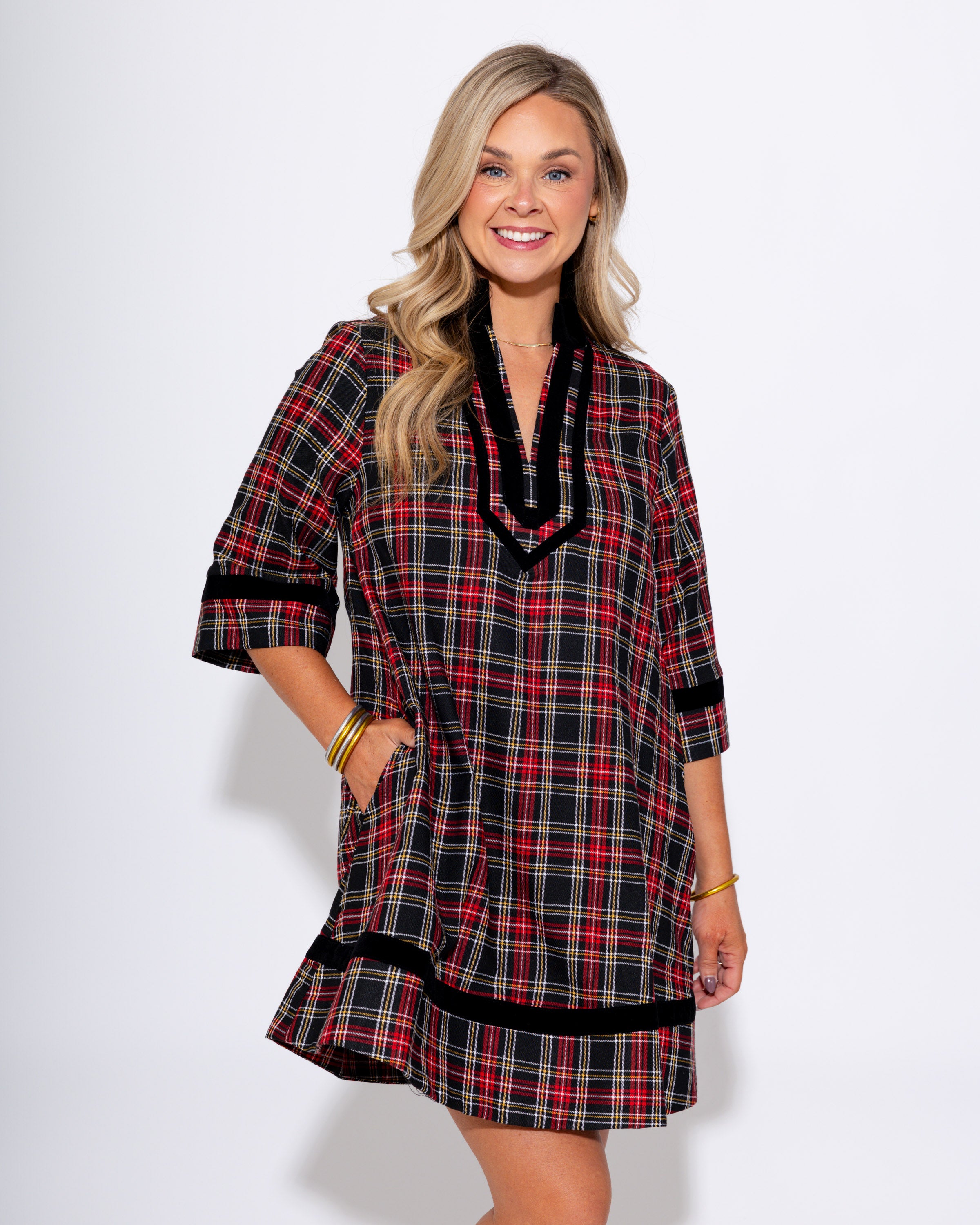 Velvet Trim Plaid Mini Dress in Black