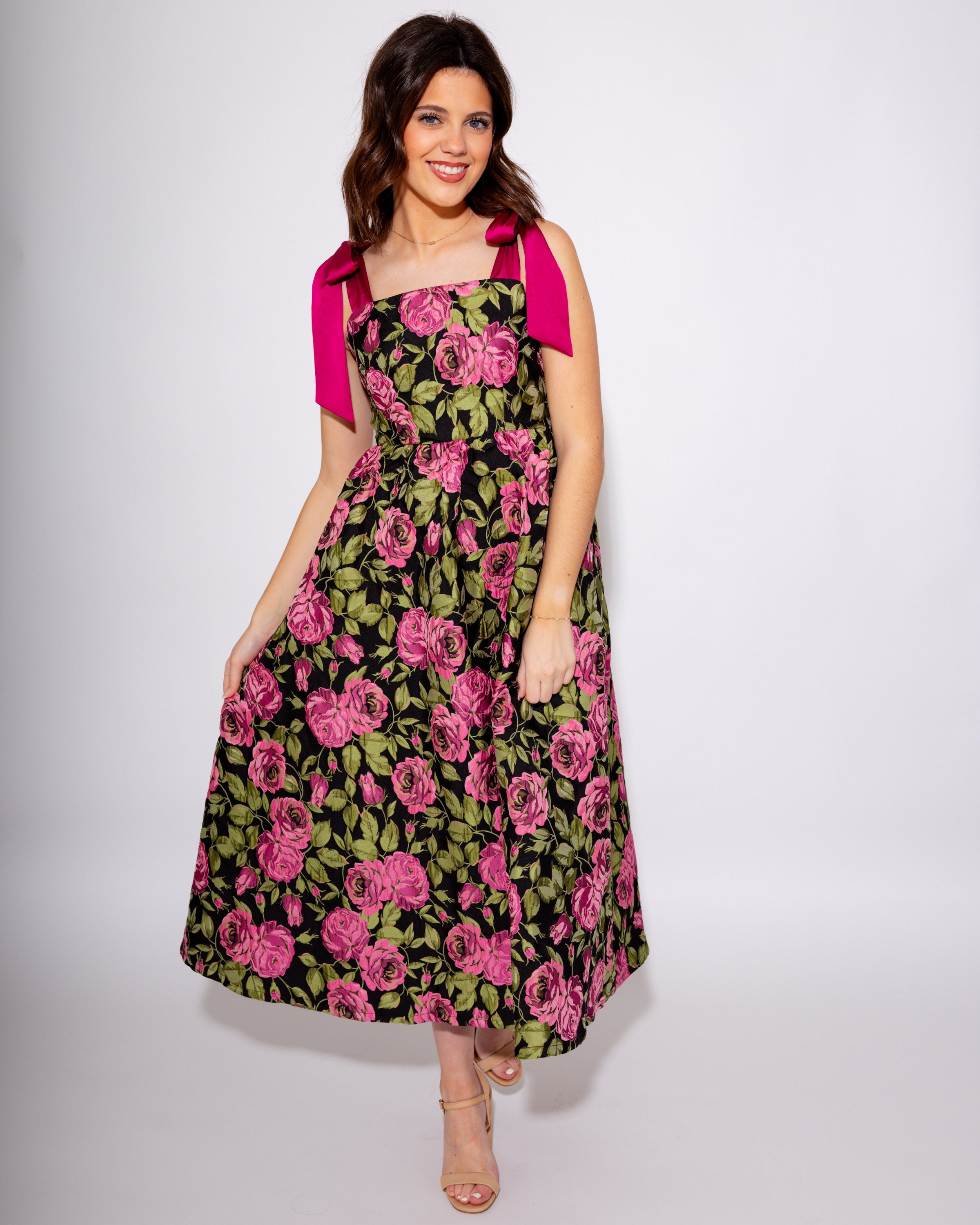 Fuchsia Floral Ribbon Strap Midi Dress
