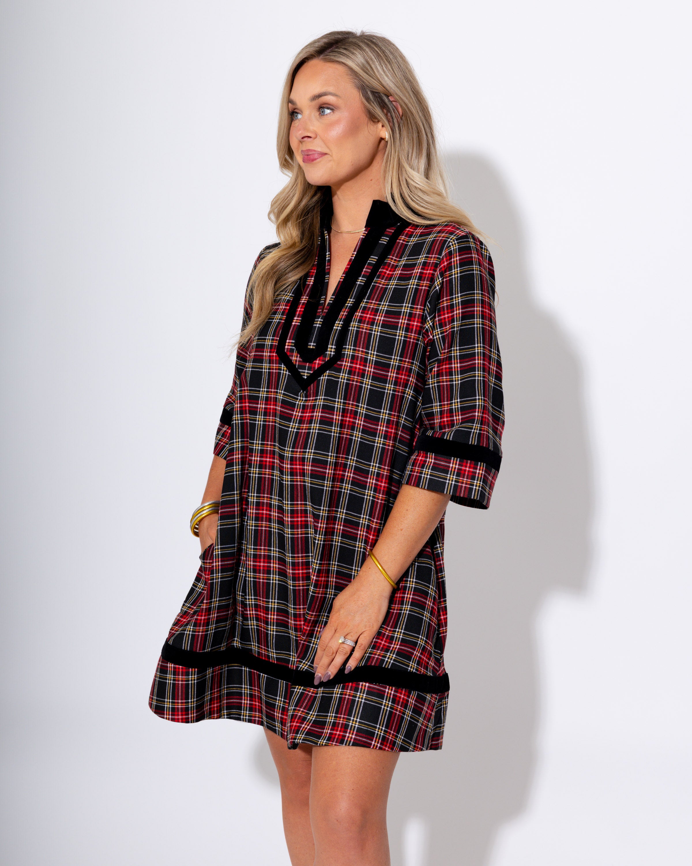 Velvet Trim Plaid Mini Dress in Black