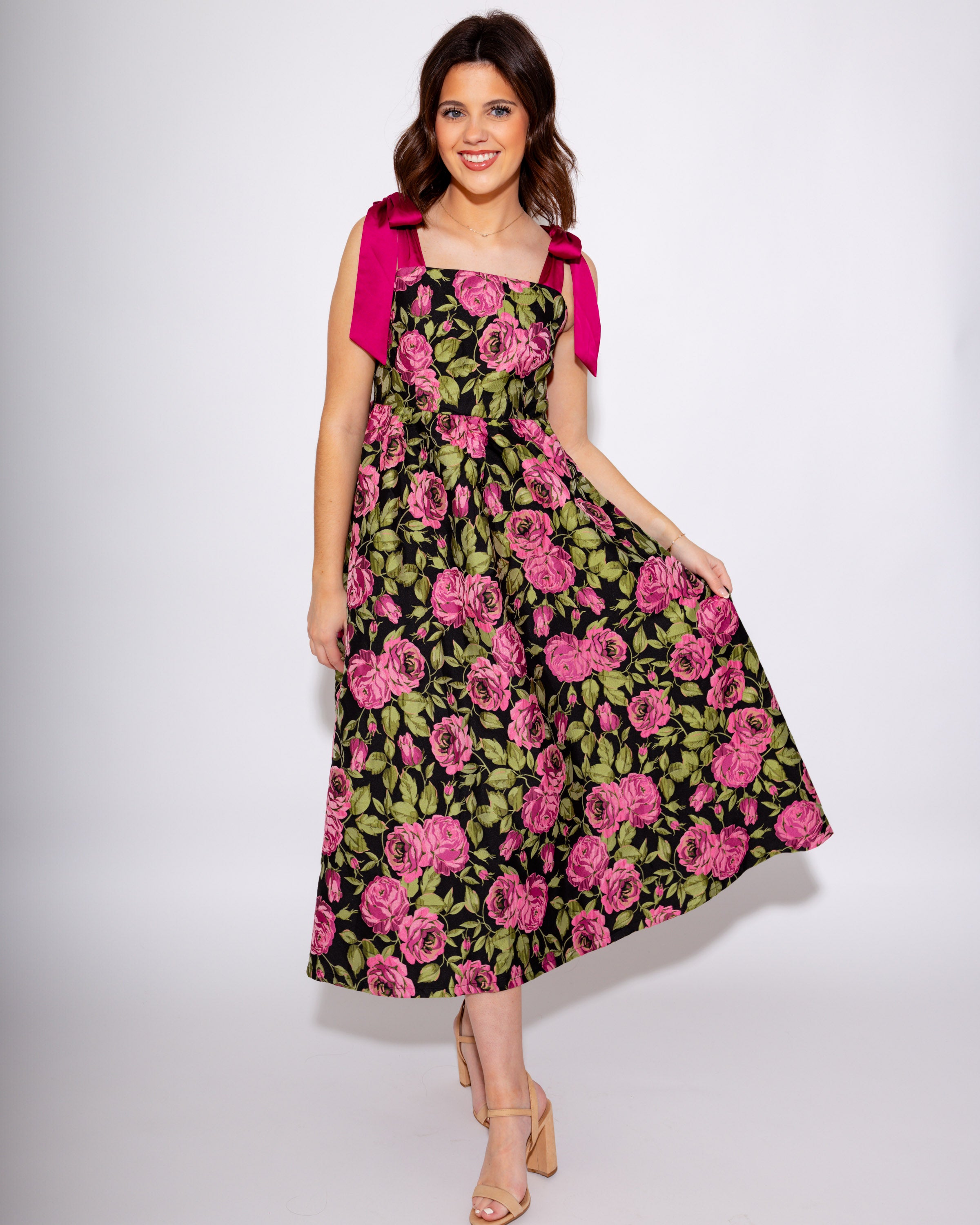 Fuchsia Floral Ribbon Strap Midi Dress