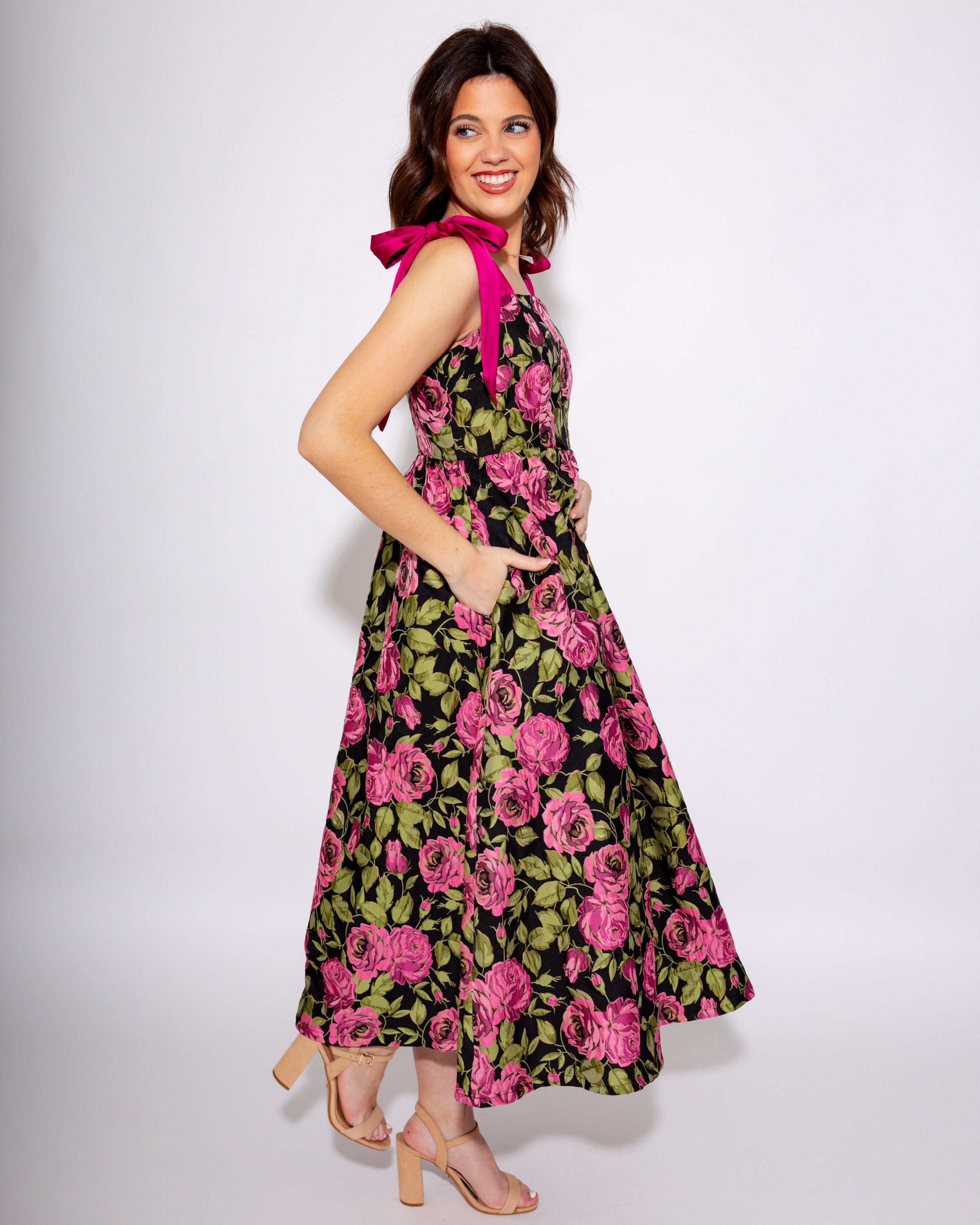Fuchsia Floral Ribbon Strap Midi Dress