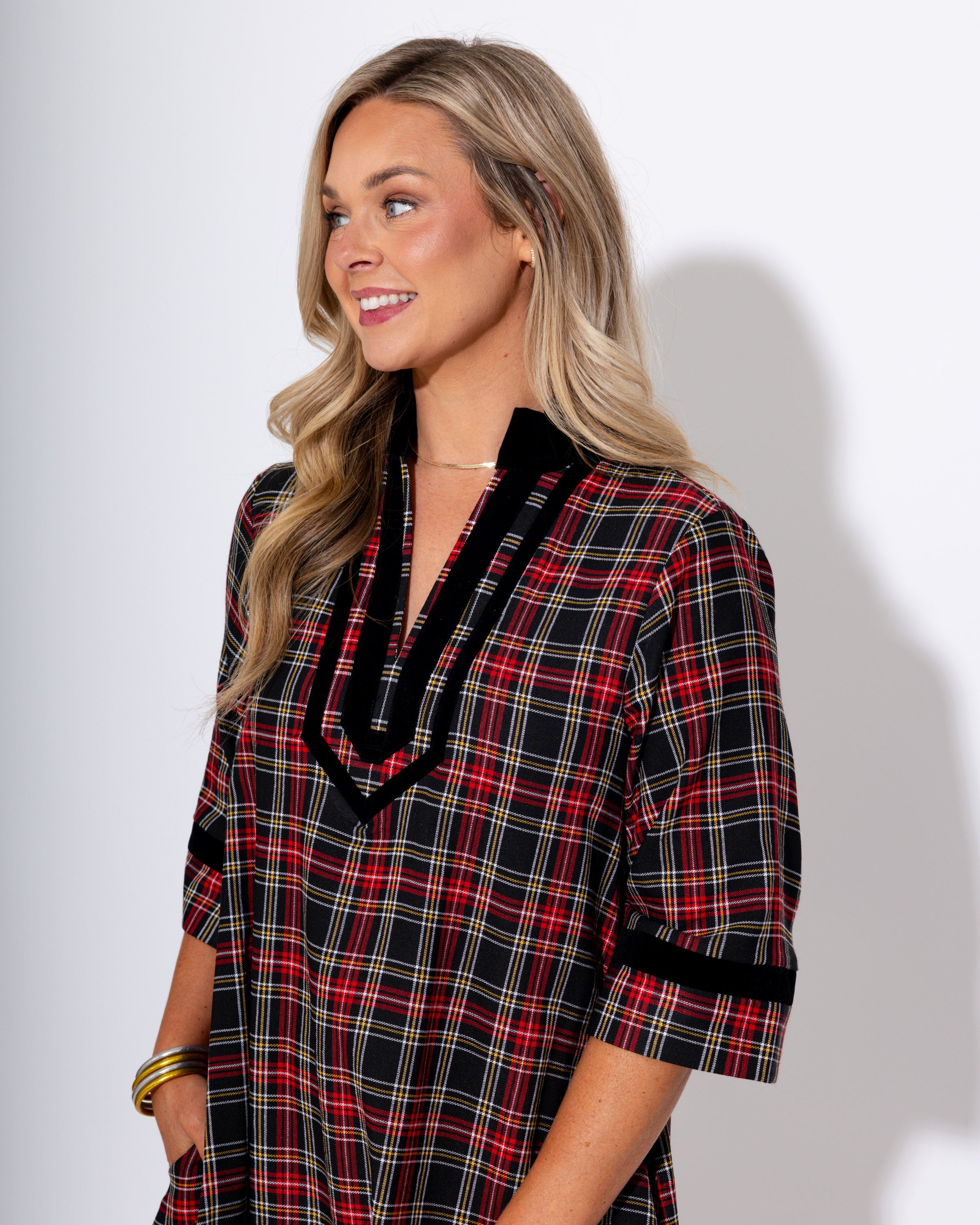 Velvet Trim Plaid Mini Dress in Black