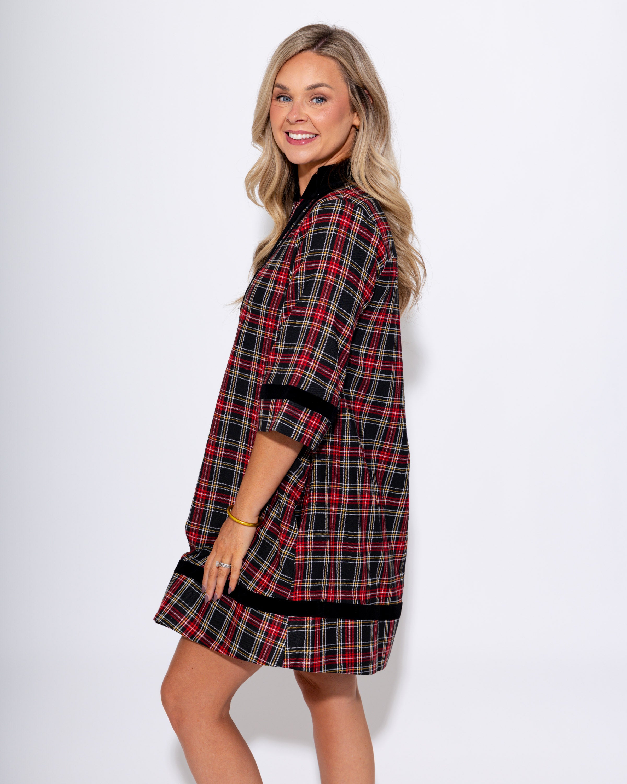 Velvet Trim Plaid Mini Dress in Black