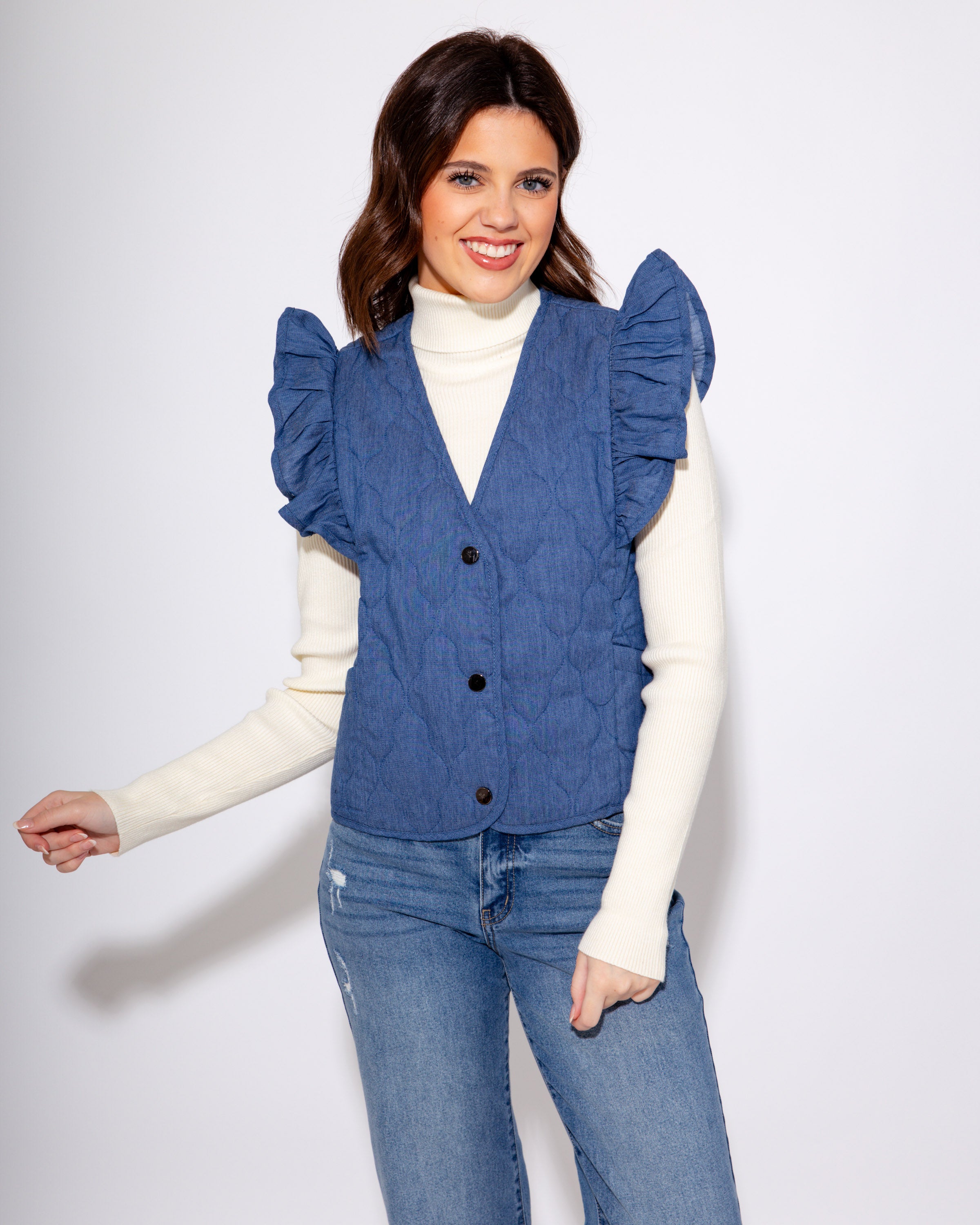 Chic Ruffle Shoulder Quilted Vest