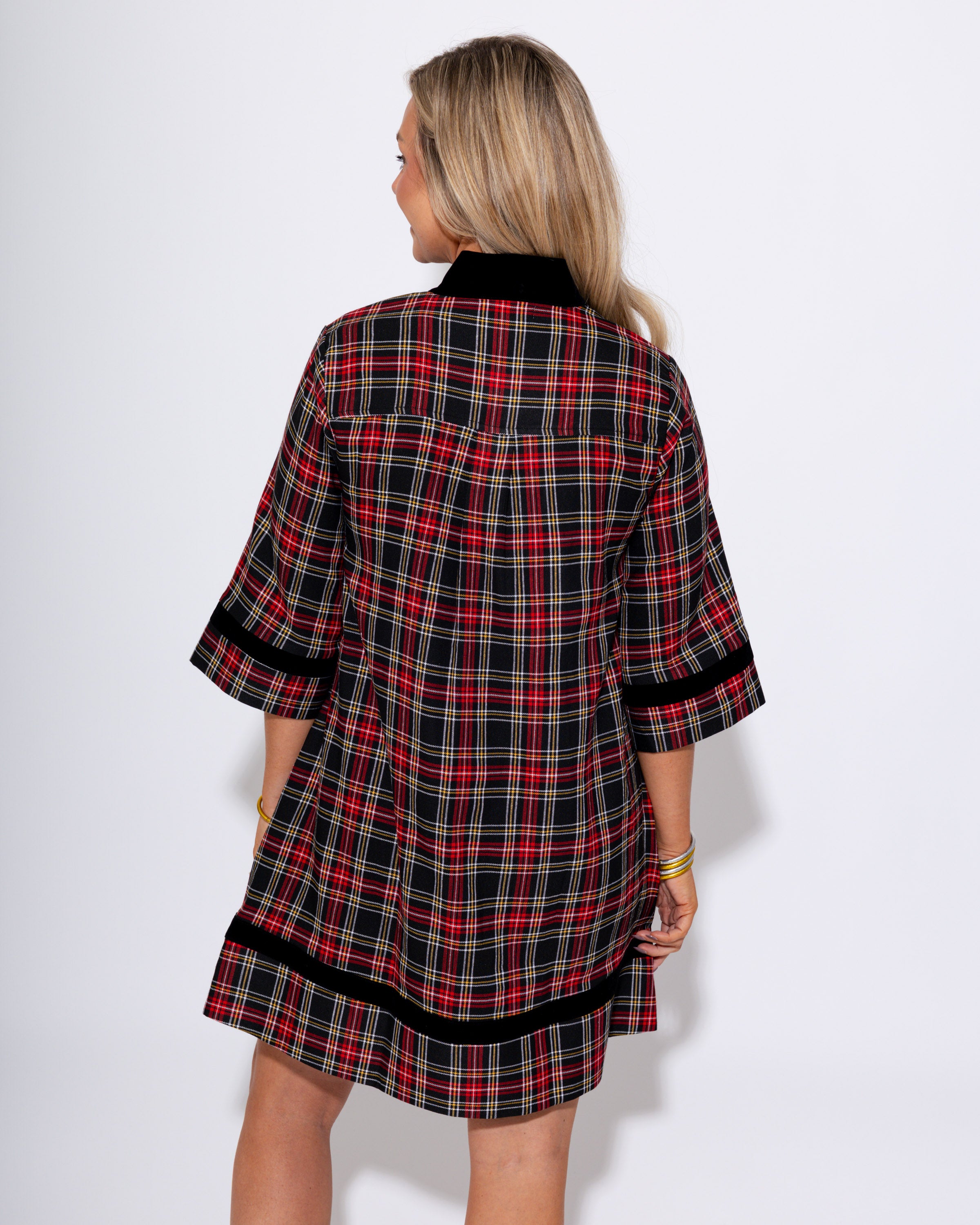 Velvet Trim Plaid Mini Dress in Black