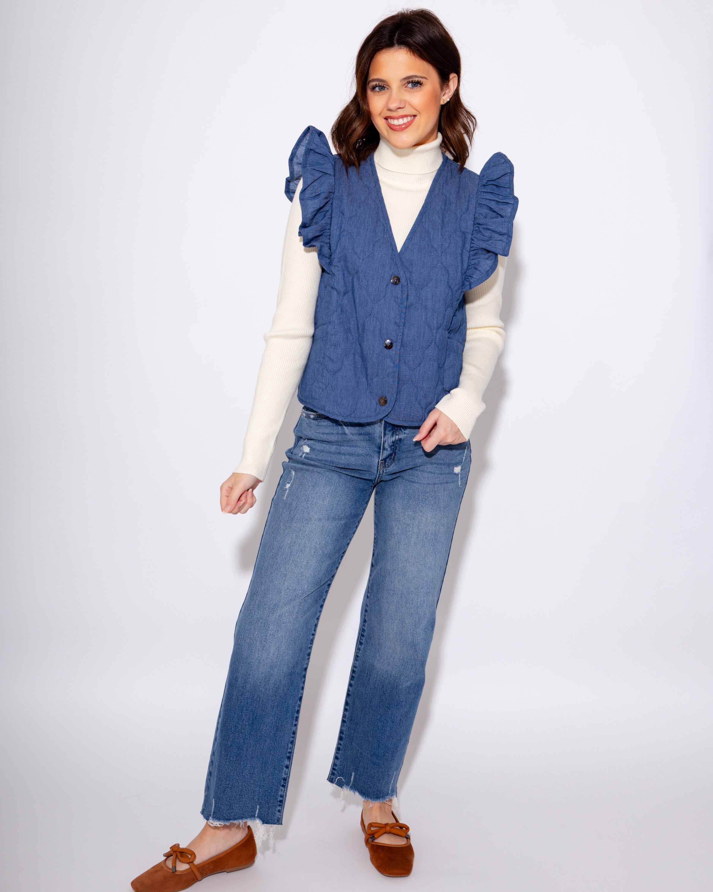 Chic Ruffle Shoulder Quilted Vest