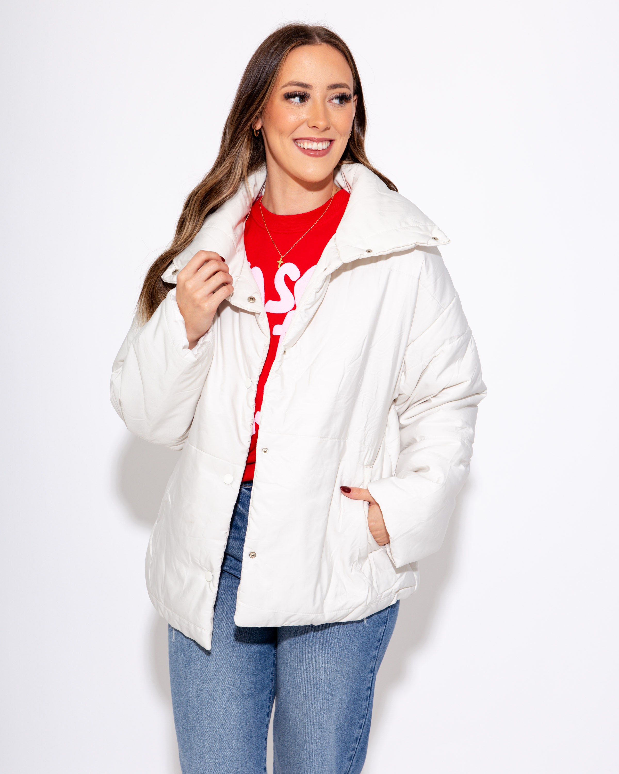 High Neck Button Down Padded Jacket