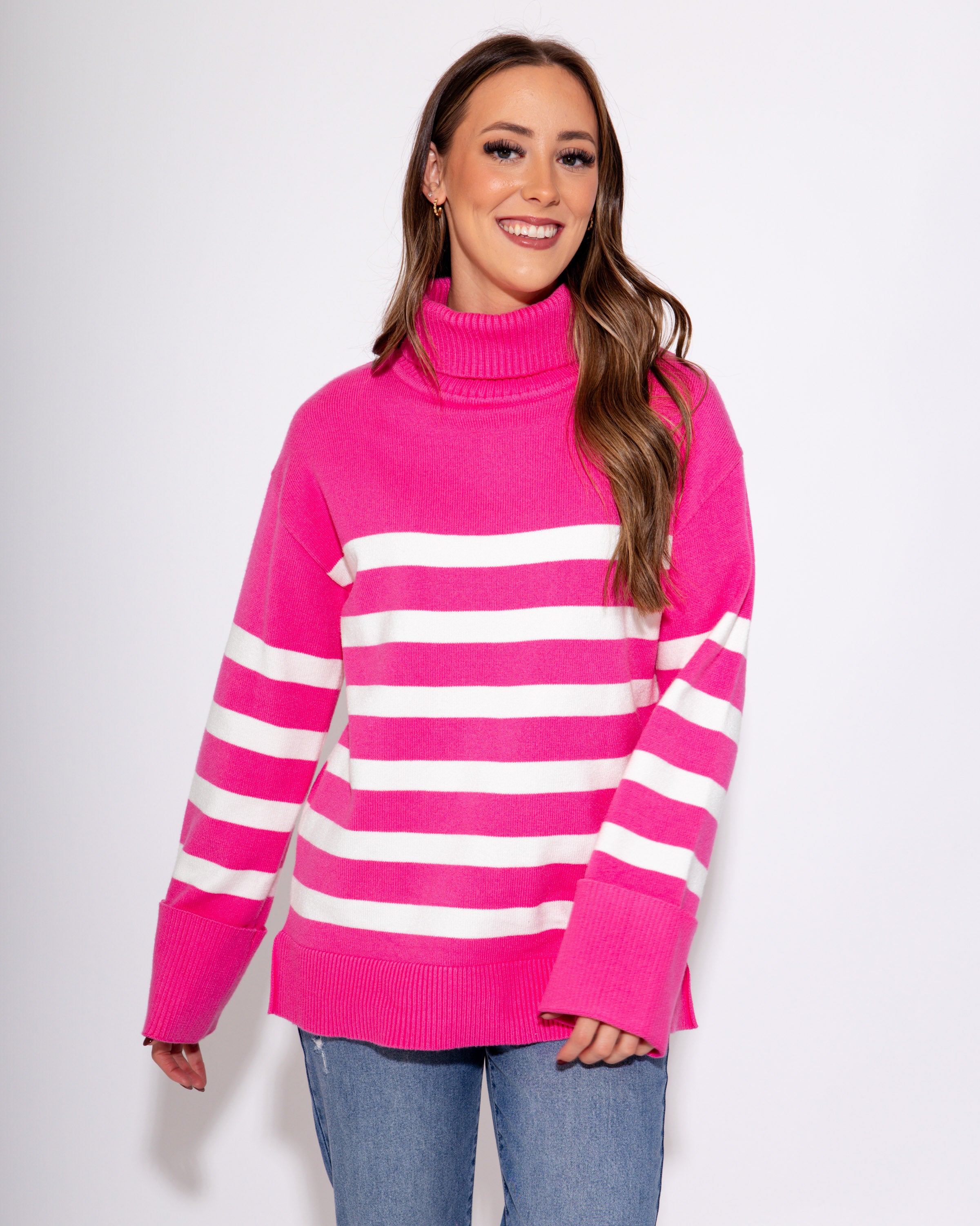 Pink Striped Turtleneck Sweater