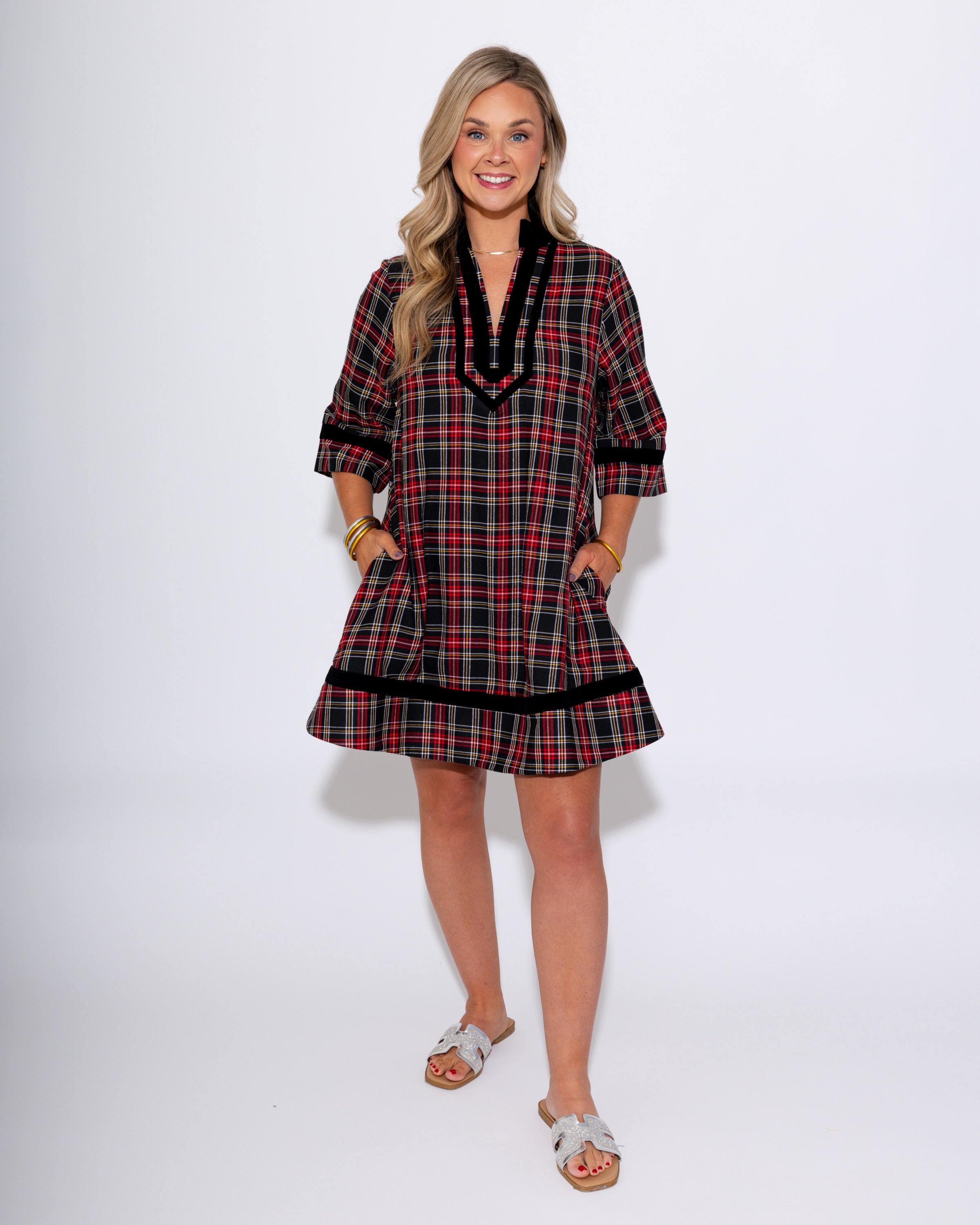 Velvet Trim Plaid Mini Dress in Black